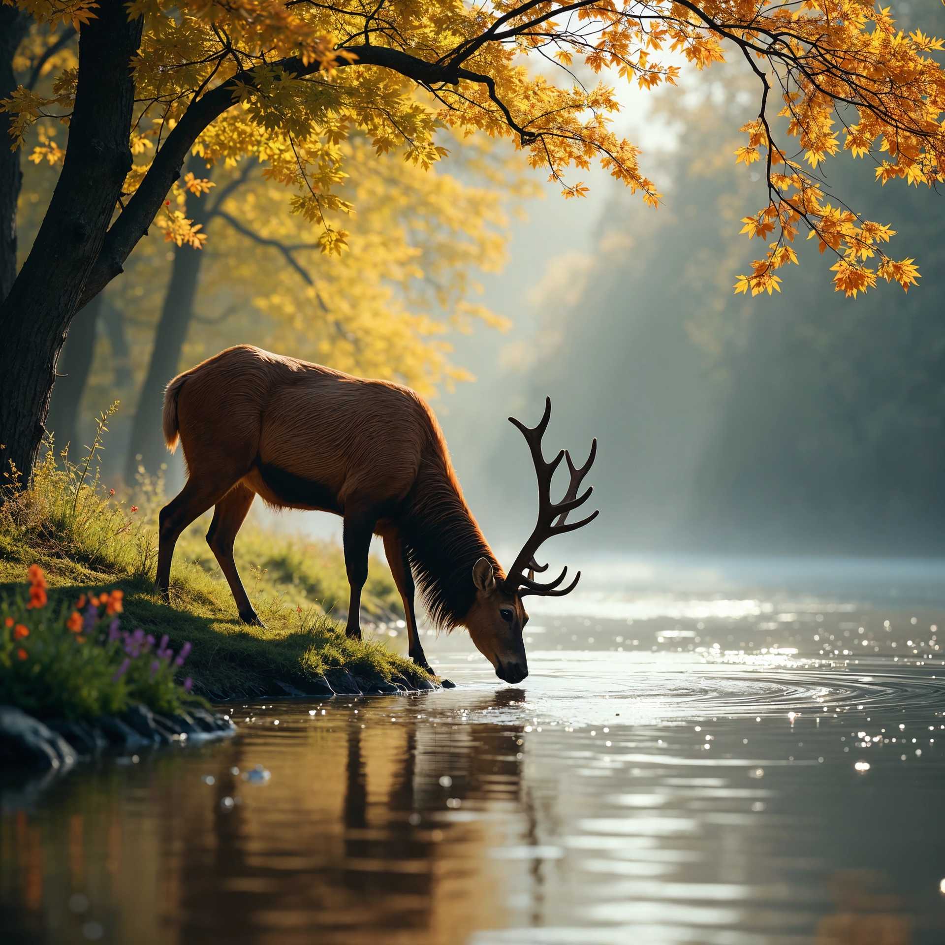 Autumnal Serenity: A Deer Drinks from a Tranquil Stream