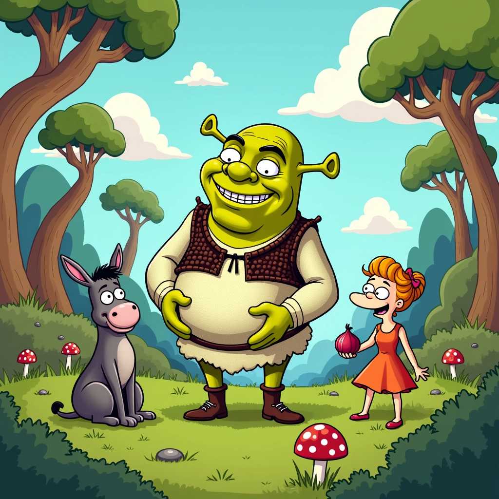 Create a whimsical illustration of Shrek in the distinctive style of Matt Groening. The image should capture the iconic green ogre with exaggerated features, such as a large round head, oversized ears, and a playful expression. Shrek should be depicted in a vibrant, cartoonish environment filled with exaggerated, wavy landscapes and bright colors, reminiscent of Groening's signature artwork.

Position Shrek in a comedic pose, perhaps holding a large onion humorously, with his body slightly leaning forward as if engaging the viewer in a lighthearted conversation. Surround him with comical, simplified versions of his friends, like Donkey and Fiona, each rendered in the same exaggerated style.

The background should be a fantastical version of the swamp, featuring quirky trees with spiraled trunks, oversized mushrooms, and bubbly clouds in a brightly colored sky. Employ thick black outlines and flat colors to enhance the cartoon aesthetic, bringing a lively and cheerful mood to the overall scene. The image should evoke a sense of fun and nostalgia, perfect for fans of both Shrek and Matt Groening's unique artistry.