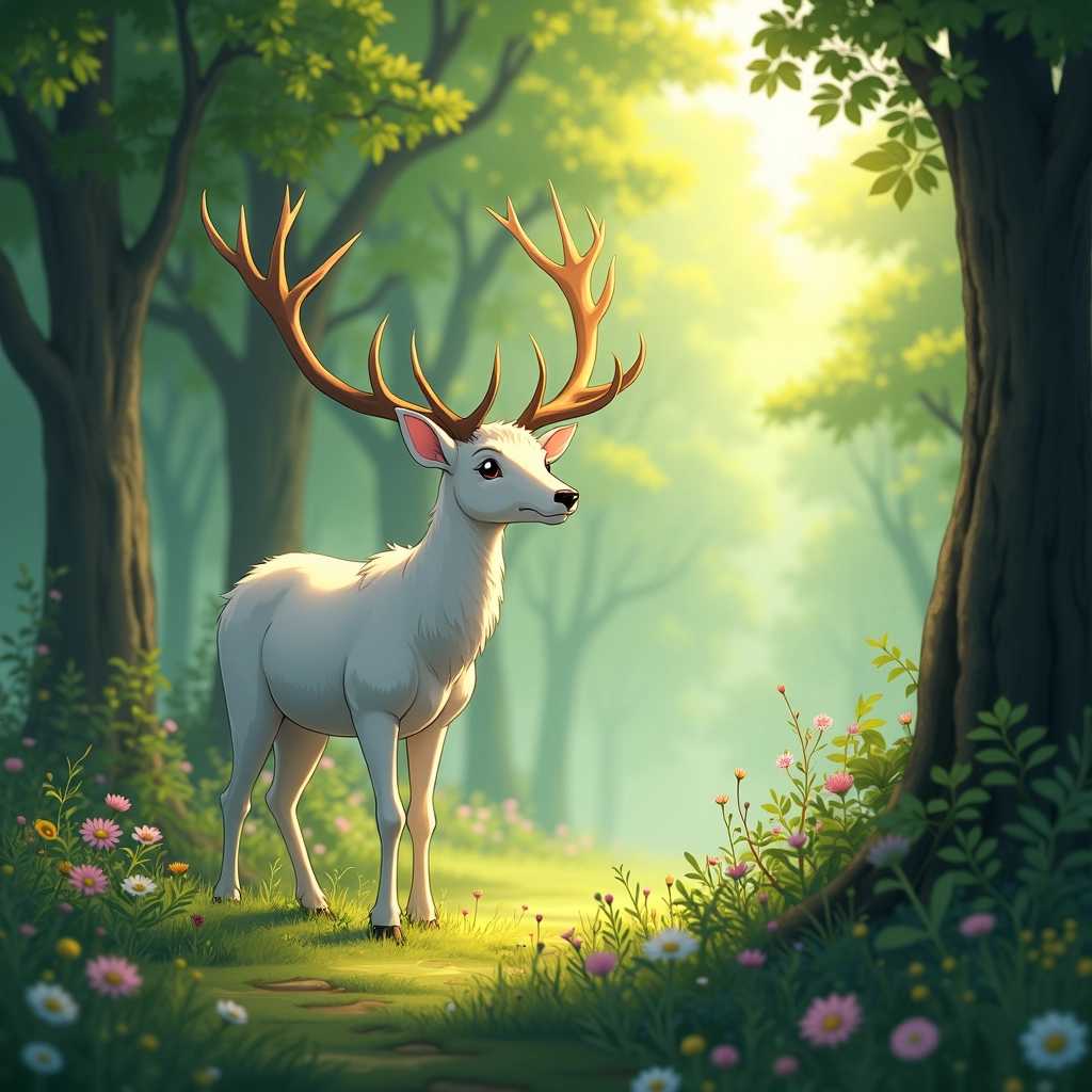 Imaginez un cerf blanc majestueux, perché au cœur d'une forêt enchantée, baigné dans une lumière douce et dorée du matin. La perspective est prise au ras du sol, permettant de capturer le cerf dans toute sa splendeur. Ses grands yeux brillants et son pelage éclatant de blancheur se détachent délicatement du paysage verdoyant. Le fond est rempli d'une forêt dense avec des arbres aux troncs épais, leurs feuilles d'un vert éclatant créant un magnifique bokeh. Des rayons de soleil percent à travers le feuillage, ajoutant une touche de magie à l'air ambiant.

Évoquez le style de Hayao Miyazaki, en intégrant des éléments fantastiques et poétiques, comme une légère brume qui enveloppe le sol et des fleurs colorées éparpillées autour du cerf. Le cadre doit transmettre une sensation de tranquillité et de connexion avec la nature, tout en évoquant une ambiance mystique. Limage doit être riche en couleurs pastel, avec des contours doux et une attention méticuleuse aux détails dans le plumage et les textures de l'environnement.