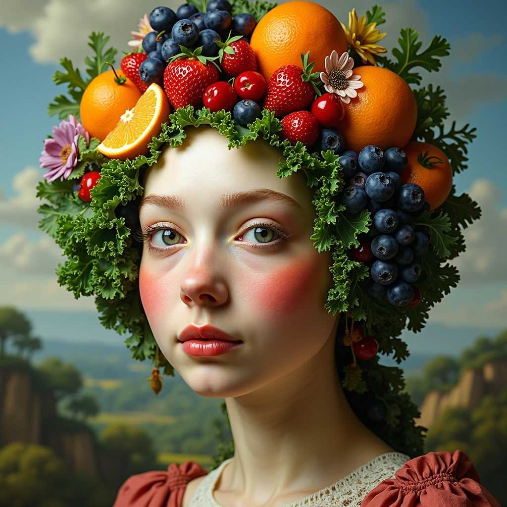 Create an imaginative portrait inspired by the unique style of Giuseppe Arcimboldo, known for his exquisite and intricate compositions that combine human faces with elements of nature and everyday objects. The portrait should feature a person whose face is crafted entirely from an assortment of fruits, vegetables, and flowers. 

Visualize the upper part of the head consisting of a vibrant array of fruits—ripe strawberries, glossy cherries, and shimmering grapes—each strategically placed to form the contours of the forehead, cheeks, and nose. The hair should be represented by green leafy vegetables, like kale and spinach, flowing down in a lush cascade. 

The eyes can be represented by two contrasting pieces of substantial fruit, like half-cut oranges or blueberries, giving an expressive touch. Small flowers, such as daisies and violets, can be interspersed to create a whimsical and fanciful feel, adding delicate colors and sharp contrasts. 

The background should depict an abstract, dreamy landscape, softly blurred to emphasize the rich detail of the face while incorporating hints of the natural elements used in the composition. The overall mood should reflect a harmonious blend of nature and art, capturing the essence of life and color, reminiscent of the Renaissance period but with a modern twist. Use a bright, vibrant color palette with soft lighting to enhance the surreal yet playful atmosphere.
