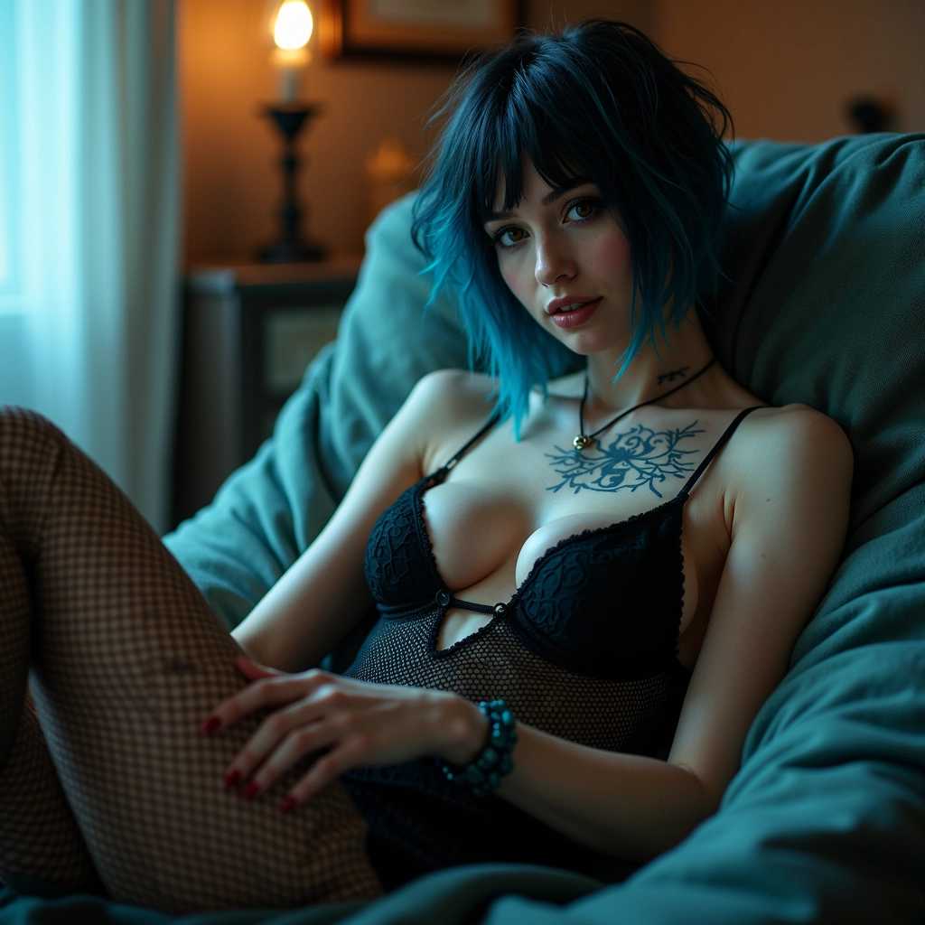 **Prompt for Image Generation:**

Create a highly detailed, visually captivating image of a beautiful emo young woman with a striking appearance. She has a short, edgy pixie haircut, deep black hair with a vivid blue streak accentuating her unique style. Her pale skin glows softly in the atmospheric lighting, and she wears a fishnet dress that clings to her fit figure. The dress is artfully draped to one side, precariously falling off her left shoulder and revealing a hint of her breast, enhancing her allure. 

Her expression is one of subtle confidence, with a soft smile that holds a hint of mystery. Small, intricate tattoos peek from beneath the fishnets, adding to her enigmatic presence. Position her lounging on a modern chaise lounge, her body comfortably laid back, with her legs slightly spread, emphasizing her thighs and exuding a sense of seduction and power. 

Incorporate elements of dark fantasy aesthetics to evoke a moody, epic atmosphere. Capture the playful yet dangerous essence of a femme fatale, drawing viewers into her world. The composition should have a wide angle and a shallow depth of field to blur the background slightly, making her the focal point, while hinting at an ambiguous, mysterious environment around her. 

Throughout the scene, include eye catchlights that glimmer in her eyes, enhancing the cinematic quality of the image. Utilize vintage RAW photography techniques for a 2000s feel, with color grading that enriches the overall mood. The lighting