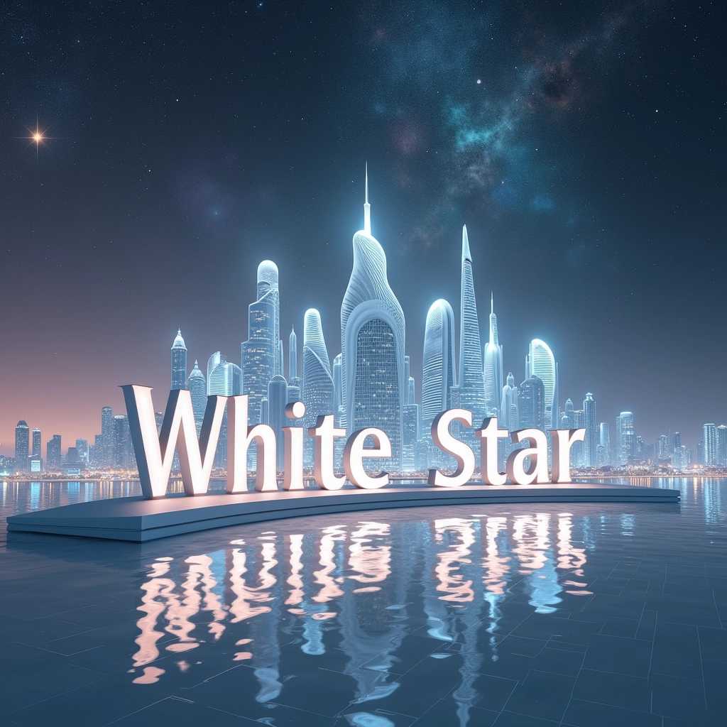 **Prompt:** Create a captivating scene of a glowing white city skyline that floats majestically in the vastness of outer space. The skyline is composed of futuristic, sleek skyscrapers and intricate architectural designs, illuminated with a shimmering white light that reflects off their surfaces, creating a dazzling effect. Surrounding the cityscape, the dark expanse of space is speckled with distant stars and nebulae, lending a sense of infinite depth and mystery. In the foreground, a large, luminous sign reading "White Star" is elegantly integrated into the city, designed with sleek, modern typography and glowing edges, casting a soft light into the surroundings. The overall mood of the image is otherworldly and serene, evoking a sense of wonder and tranquility amidst the cosmic backdrop. Aim for a high level of detail in the cityscape and a smooth, gradient transition in the space around it to enhance the ethereal quality. The color palette should consist of soft whites and subtle hints of silver and blue to emphasize the glowing effect.