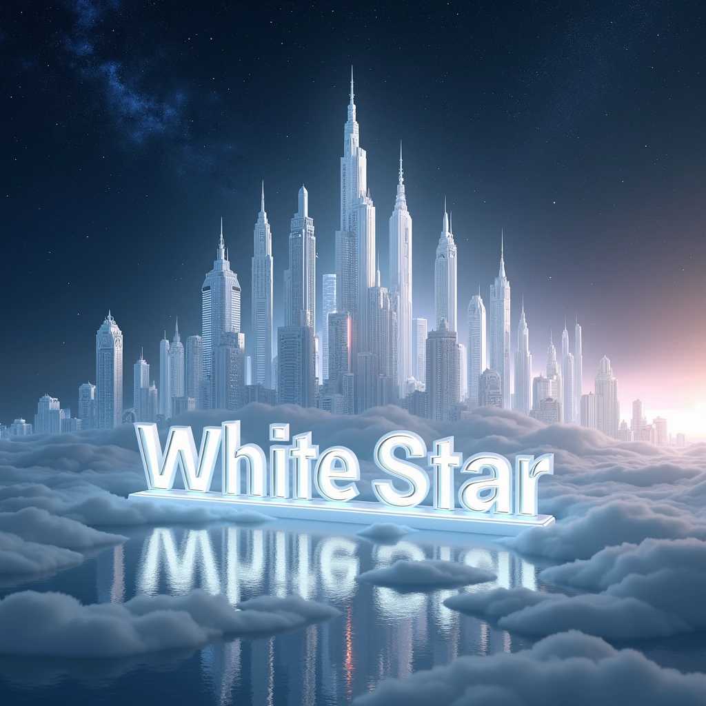 **Prompt:** Create a captivating scene of a glowing white city skyline that floats majestically in the vastness of outer space. The skyline is composed of futuristic, sleek skyscrapers and intricate architectural designs, illuminated with a shimmering white light that reflects off their surfaces, creating a dazzling effect. Surrounding the cityscape, the dark expanse of space is speckled with distant stars and nebulae, lending a sense of infinite depth and mystery. In the foreground, a large, luminous sign reading "White Star" is elegantly integrated into the city, designed with sleek, modern typography and glowing edges, casting a soft light into the surroundings. The overall mood of the image is otherworldly and serene, evoking a sense of wonder and tranquility amidst the cosmic backdrop. Aim for a high level of detail in the cityscape and a smooth, gradient transition in the space around it to enhance the ethereal quality. The color palette should consist of soft whites and subtle hints of silver and blue to emphasize the glowing effect.