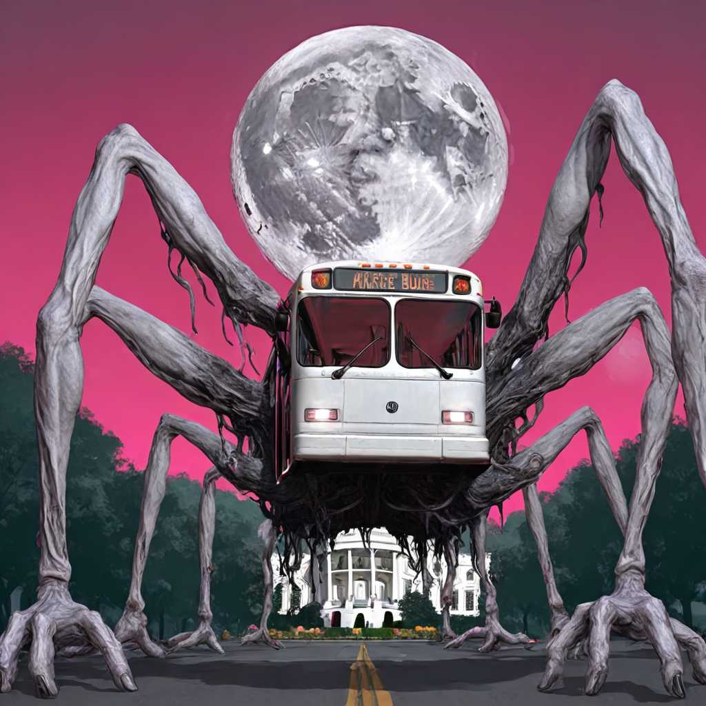 once human bus boss,one bus with six legs attached to hands palms in front of the white house,full moon