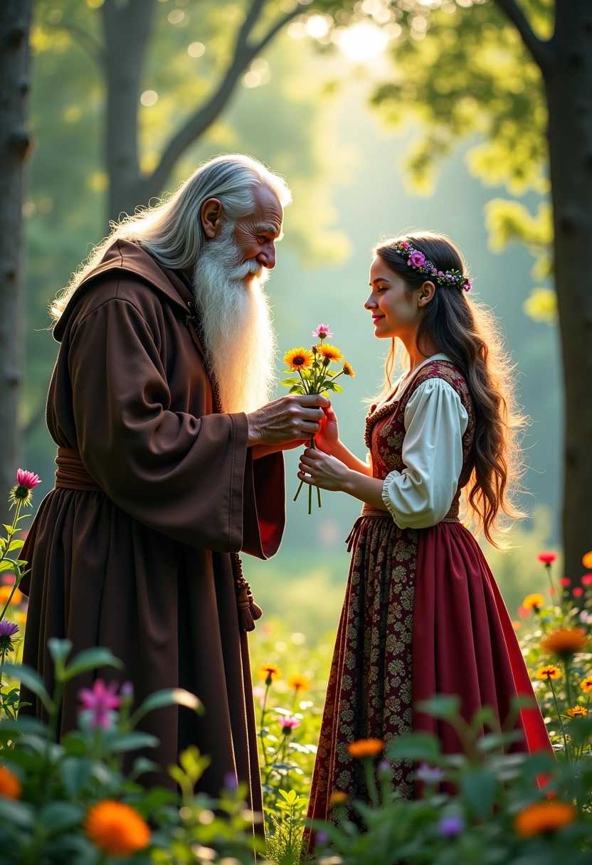 In a forest, an elderly wizard with a long beard offers forest flowers to a young beauty with flowing hair, dressed in traditional Slavic folk attire. The scene is serene and magical, with the forest bathed in soft, dappled sunlight, and the background filled with lush greenery and vibrant wildflowers.