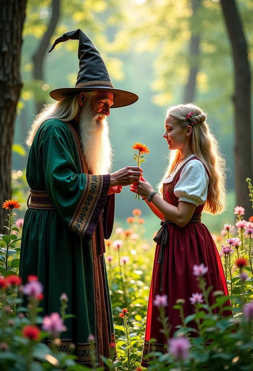 In a forest, an elderly wizard in a magic hat, with a long beard, offers forest flowers to a young beauty with blond flowing hair, dressed in traditional Slavic folk attire. The scene is serene and magical, with the forest bathed in soft, dappled sunlight, and the background filled with lush greenery and vibrant wildflowers.