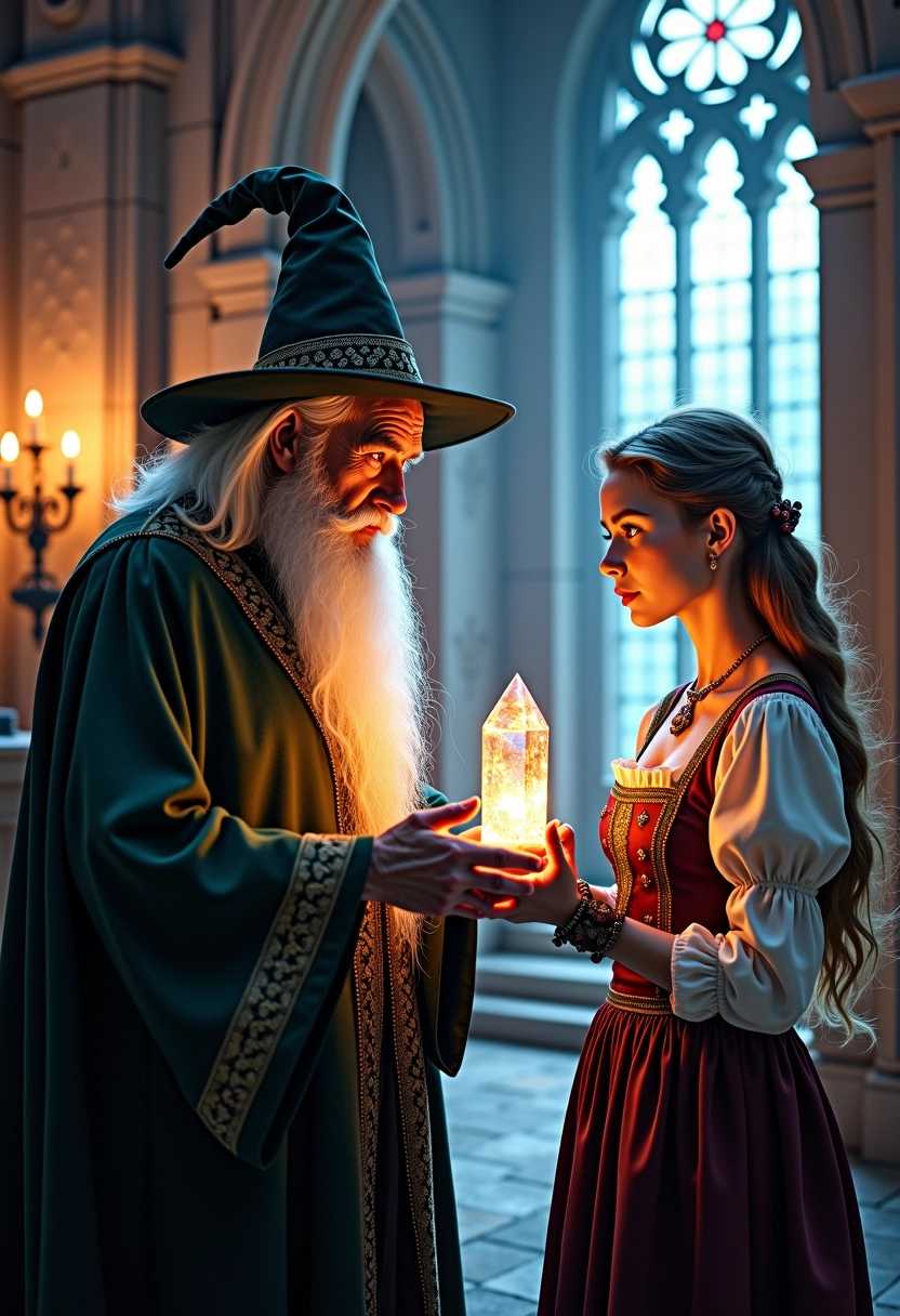 n a magical castle, an elderly wizard with a long beard offers a magical crystal to a young beauty with блонд flowing hair, dressed in traditional Slavic folk attire. The young woman gazes at the crystal with admiration. The castle is enchanting, with grand, ornate architecture, shimmering lights, and mystical symbols adorning the walls