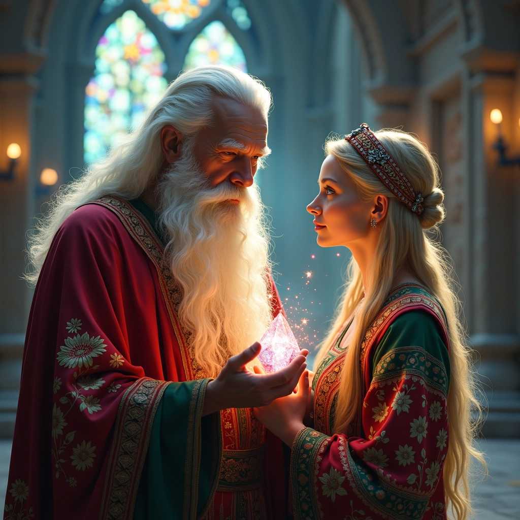 Create a captivating scene set in a magical castle, where the atmosphere is filled with enchantment and wonder. In the foreground, an elderly wizard with a long, flowing white beard, draped in richly embroidered robes, extends his hand to offer a sparkling, multicolored magical crystal that radiates a soft, ethereal glow. 

Opposite him stands a young beauty, her long, lustrous blond hair cascading elegantly over her shoulders. She's adorned in traditional Slavic folk attire, featuring intricate patterns and vibrant colors that celebrate cultural heritage, with a decorative headpiece complementing her look. Her vivid blue eyes widen with admiration as she gazes at the crystal, capturing a sense of awe and curiosity.

The background reveals the grand architecture of the castle, with towering spires, arched windows, and intricate carvings that tell ancient tales. The walls shimmer subtly, adorned with mystical symbols that seem to pulse with magical energy, while soft, ambient lights cast a warm glow, enhancing the enchanting mood. Delicate wisps of magic float through the air, giving the scene an otherworldly quality.

The composition should focus on the interaction between the wizard and the young woman, emphasizing the contrast between their ages and their shared moment of wonder, framed by the magnificent architecture of the castle. The overall color palette should blend rich deep hues with lighter, shimmering tones to create a sense of magic and fantasy. Ensure the artwork conveys a feeling of awe, warmth, and the thrill of ancient magic being passed