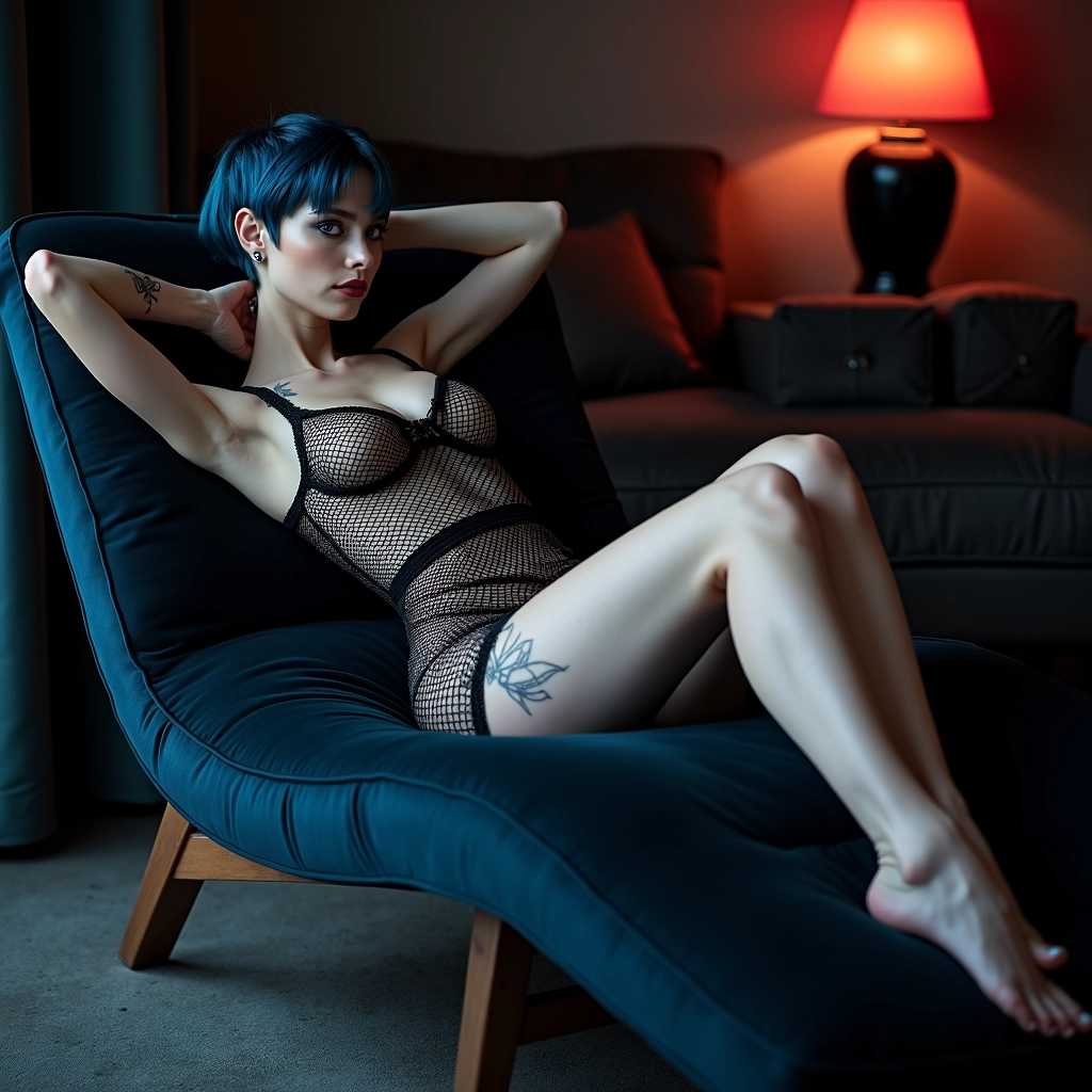 Create an evocative scene featuring a beautiful emo young woman of Slavic descent, with striking pixie-cut black hair accented by a vivid blue streak. She is laying gracefully on her back on a modern chaise lounge, her medium build and fit physique highlighted by the relaxed pose. Her subtle smile adds an air of mystery. The composition captures her wearing an alluring fishnet dress, which is evocatively falling off her left shoulder, artfully exposing part of her breast while maintaining a sense of allure.

Emphasize her small tattoos that peek from beneath the cascading strands of her hair and the edges of the fishnet fabric. Her skin is pale, creating a stark contrast against the moody atmosphere filled with ambient lighting that casts intriguing shadows. The shot is taken with a wide-angle lens to enhance the depth of the room, creating a shallow depth of field that draws focus to her enigmatic beauty.

She is barefoot, with her thighs exposed and legs slightly spread, suggesting seductive charm while exuding an essence of danger and power, embodying the classic femme fatale allure. The setting has dark fantasy aesthetics, enriched with atmospheric lighting that adds to the overall mysterious ambiance. Her pierced nipples are subtly hinted at, enhancing the allure without overt explicitness.

Style the image as a high-budget, cinematic shot that captures the nostalgia of 2000s vintage RAW photographs, with rich color grading for a dramatic effect. Include eye catchlights that sparkle in her captivating gaze. The overall mood should be epically charged,