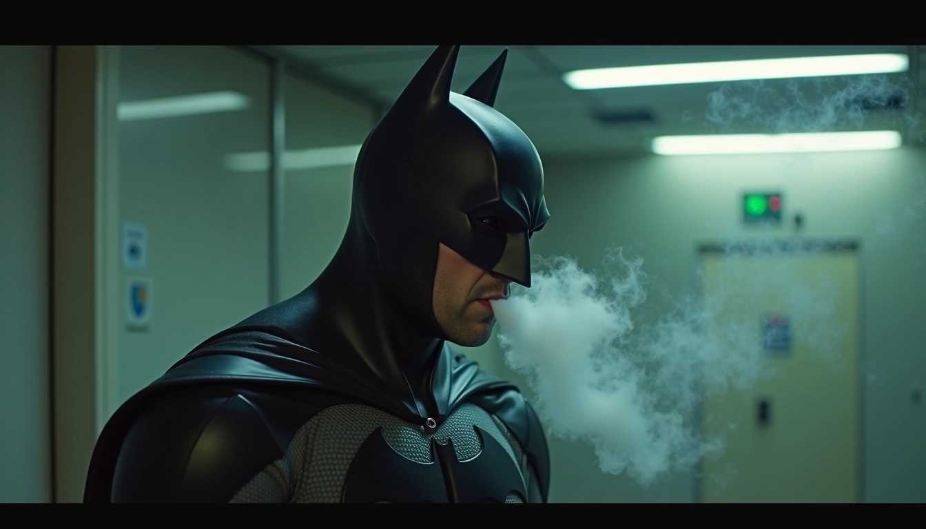 "CCTV footage of Batman smoking pot, date and time stamp 8/4/2024"