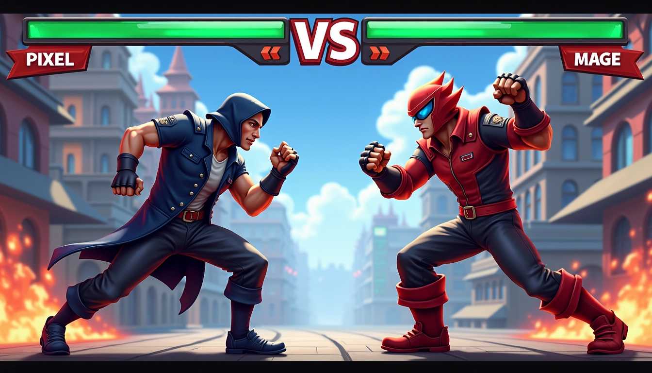 video game fighter game framed, left side says "Pixel", right side "Mage", both in fighter poses, dynamic action, background Machine City
