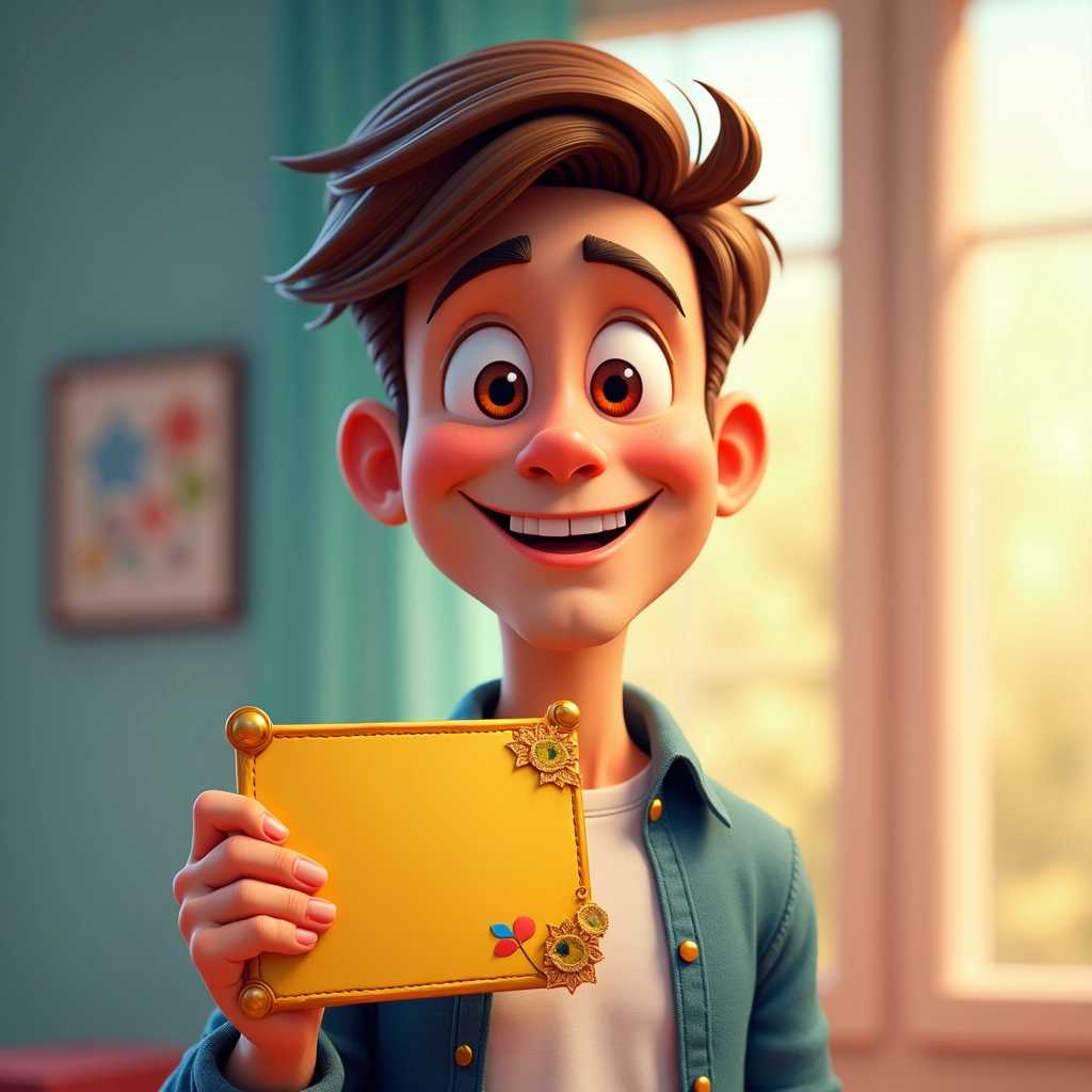 Create a vibrant, cartoon-style image of a cheerful, anthropomorphic man inspired by Pixar and Disney animation styles. The man should be depicted in a close-up shot, showcasing a rectangular paper badge prominently held in his hand. He has a warm, inviting smile, with big expressive eyes that convey friendliness and enthusiasm. 

The badge itself is brightly colored, featuring whimsical patterns or designs that reflect playful elements, perhaps with a shiny gold border to give it a special touch. The background should be a soft, blurred pastel color to emphasize the man and the badge, creating a dreamy and whimsical atmosphere. 

Use dynamic lighting to highlight the texture of the badge and the man's face, adding depth and shadow to enhance the overall composition. The mood should be uplifting and joyful, resonating with the imagination and creativity characteristic of Pixar and Disney films. Include small details like gleaming reflections on the badge and playful accents, such as doodles or characters peeking from the corners of the badge, to enhance the narrative and visual interest in the scene.