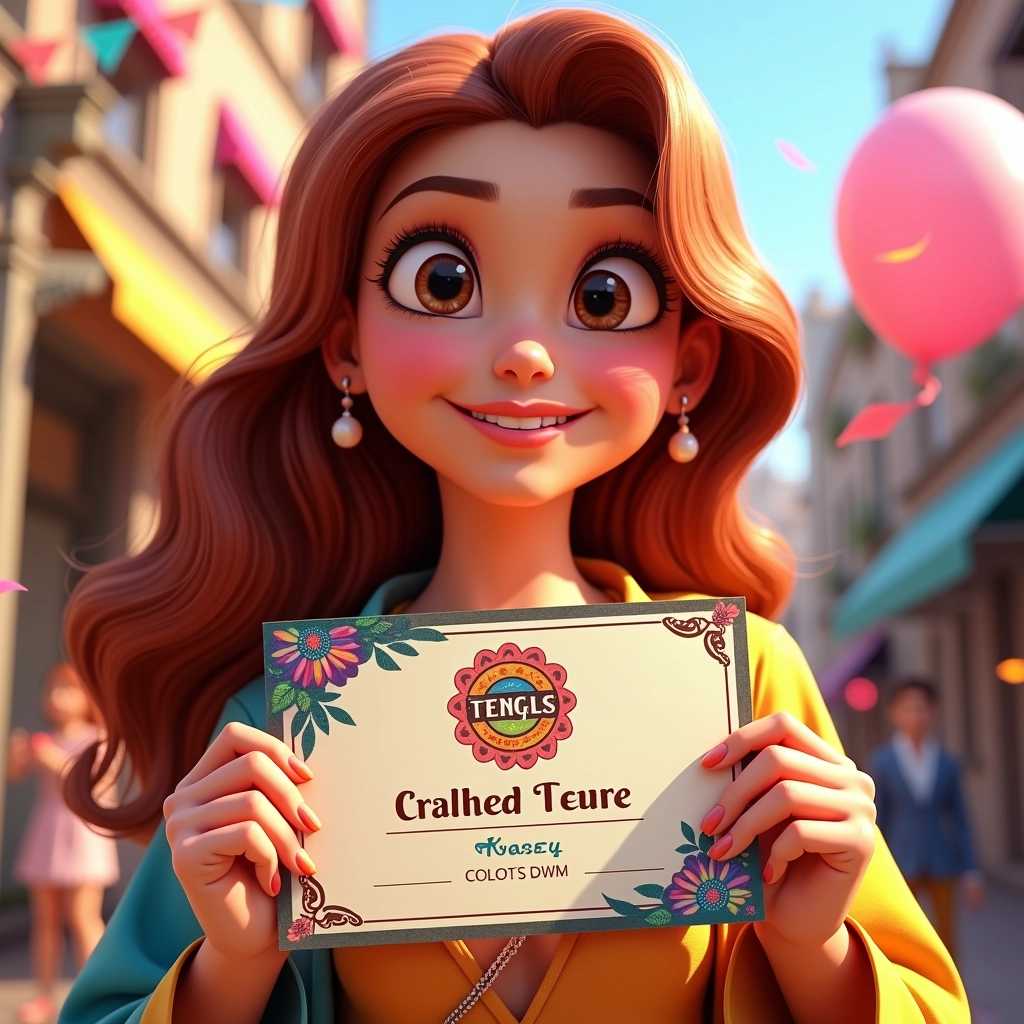 Create an enchanting image of a woman in the distinctive Pixar Disney style. She has large, expressive eyes filled with wonder and a warm, inviting smile. Her hair is stylized and vibrant, reflecting rich hues of auburn, cascading down her shoulders in gentle waves. She’s wearing a colorful, whimsical outfit that combines modern trends with a playful twist, featuring a patterned top and accessories that shimmer with personality.

The close-up focuses on her hands as she proudly holds up a rectangular paper accreditation. The accreditation itself should be vivid and detailed, showcasing an official design incorporating vibrant colors and symbols, displaying her name and a creative logo that reflects a whimsical event or festival. The background is softly blurred, with hints of celebratory details, like balloons and confetti, enhancing the mood of joy and achievement.

The lighting is bright and cheerful, casting a soft glow on her face, suggesting a sunny day filled with excitement. The overall composition should feel dynamic and engaging, capturing the essence of Disney-inspired storytelling with a touch of magical realism.