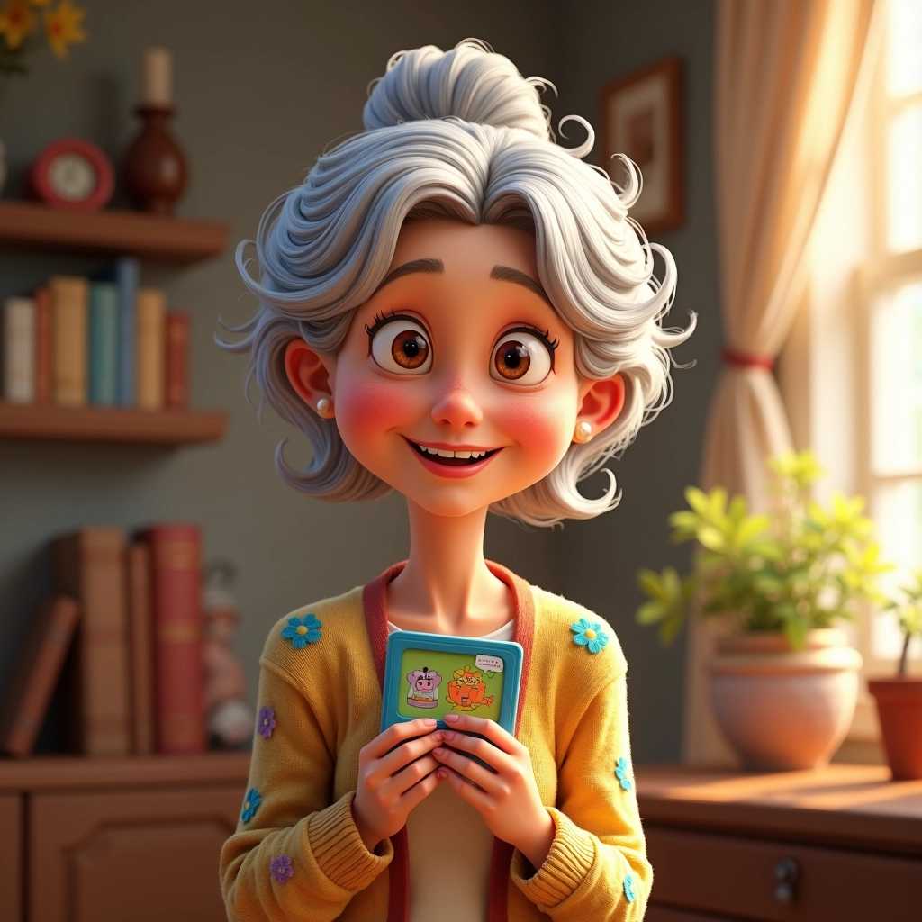 Create an image of an older woman in a charming Pixar-Disney style, imbued with warmth and charm. Her features are endearing, with soft wrinkles and twinkling eyes that reflect a life full of stories. She has silver hair styled in a cheerful bun, with a few loose strands gently framing her face. 

The woman is wearing a cozy, colorful cardigan over a simple blouse, adding to the inviting and friendly vibe of the scene. Her expression is one of pride and joy as she closely holds up a rectangular paper badge, which is vibrant and detailed, featuring whimsical designs and bright colors. 

The background should be softly blurred to focus on her and the badge, but hints of a cozy, home-like environment can be included with knick-knacks and light decor. The overall mood is uplifting and crammed with personality, highlighting her character as both wise and approachable, with a touch of Pixar’s signature magic. Use warm lighting to enhance this inviting atmosphere, creating a sense of nostalgia and tenderness in the composition.