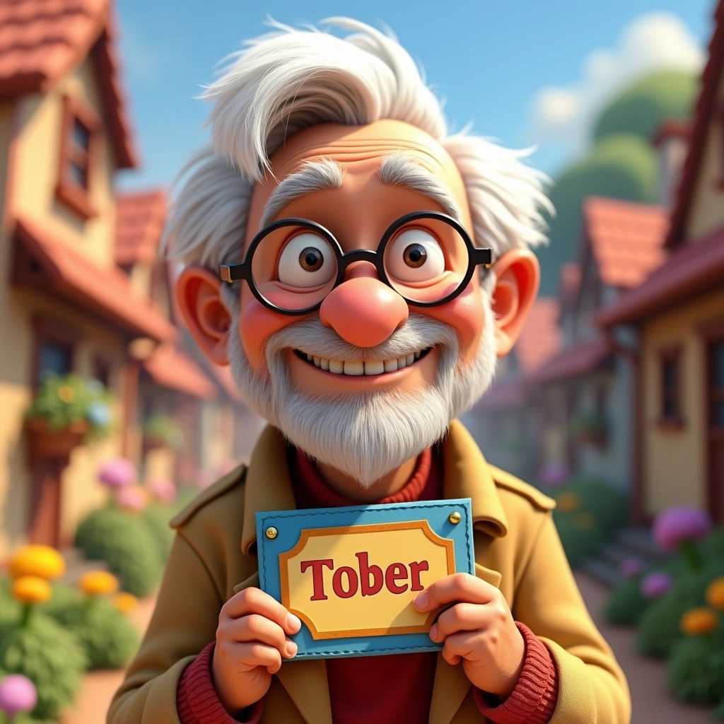 Create a whimsical scene featuring an older man in a charming, Pixar-style animation. He has a warm, friendly expression with deep laugh lines and twinkling eyes that hint at a life full of stories. His hair is a soft cloud of white, and he wears round glasses perched on his nose. 

The focus of the image is a rectangular paper badge he holds close to his chest, showcasing vibrant colors and playful lettering, as if it's a commemorative award. The badge has a slight sheen, reflecting soft light that adds depth and texture. The background is a blur of whimsical village scenery, with colorful flowers and quaint buildings, evoking a sense of warmth and nostalgia. 

The composition should be close-up, emphasizing the emotion in the man's face as he gazes lovingly at the badge. The overall mood is joyful and heartwarming, reminiscent of family-friendly animated films. Capture the magic of storytelling through the gentle expressions and delightful details that bring this Pixar-inspired character to life.