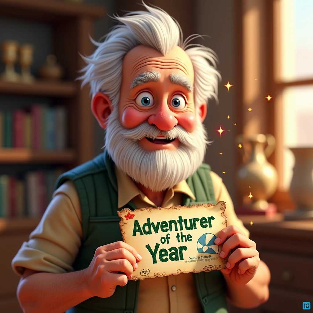 Create a heartwarming scene featuring an older man in the beloved Pixar-Disney animation style. The man has a kind, weathered face with laugh lines that tell a story of a life well-lived. He sports a full head of wispy white hair and a neatly trimmed beard. His expressive eyes are a bright blue, sparkling with wisdom and charm.

The elderly character is closely holding a rectangular paper badge in his weathered hands, showcasing it prominently in the foreground. The badge is bright and colorful, featuring a whimsical design with playful elements and bold lettering that reads "Adventurer of the Year." The edges of the badge are slightly frayed, hinting at the countless adventures he must have taken it on. 

The background is softly blurred to emphasize the character and the badge, adorned with warm pastel hues that evoke a sense of nostalgia and adventure. A faint magical sparkle glimmers around the badge, suggesting the significance of the moment. 

The overall composition conveys an uplifting mood – perhaps the man is reminiscing about his past adventures, surrounded by hints of trophies and artifacts that tell of his journeys. Ensure the lighting is soft and inviting, creating a cozy atmosphere that draws the viewer into this charming storybook world.