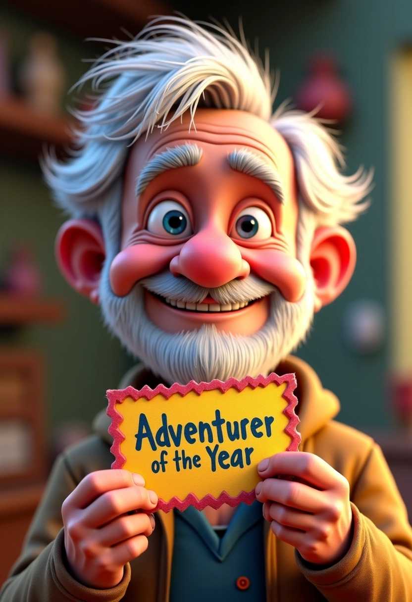 Create a heartwarming scene featuring an older man in the beloved Pixar-Disney animation style. The man has a kind, weathered face with laugh lines that tell a story of a life well-lived. He sports a full head of wispy white hair and a neatly trimmed beard. His expressive eyes are a bright blue, sparkling with wisdom and charm. The elderly character is closely holding a rectangular paper badge in his weathered hands, showcasing it prominently in the foreground. The badge is bright and colorful, featuring a whimsical design with playful elements and bold lettering that reads "Adventurer of the Year." The edges of the badge are slightly frayed, hinting at the countless adventures he must have taken it on. The background is softly blurred to emphasize the character and the badge, adorned with warm pastel hues that evoke a sense of nostalgia and adventure. A faint magical sparkle glimmers around the badge, suggesting the significance of the moment. The overall composition conveys an uplifting mood – perhaps the man is reminiscing about his past adventures, surrounded by hints of trophies and artifacts that tell of his journeys. Ensure the lighting is soft and inviting, creating a cozy atmosphere that draws the viewer into this charming storybook world.