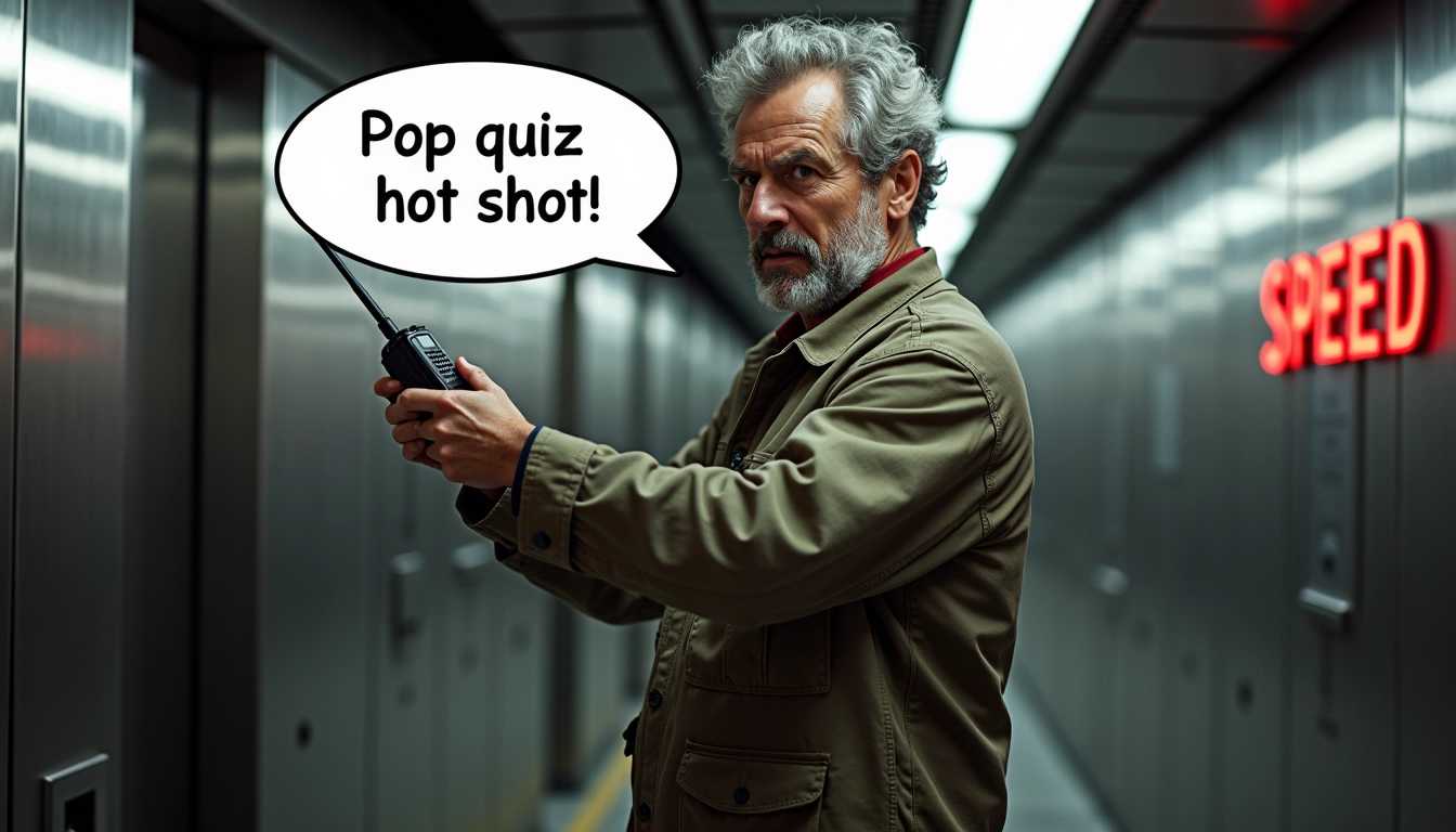Man in Tactical Jacket Conducts Pop Quiz with WalkieTalkie in Corridor with SPEED Sign
