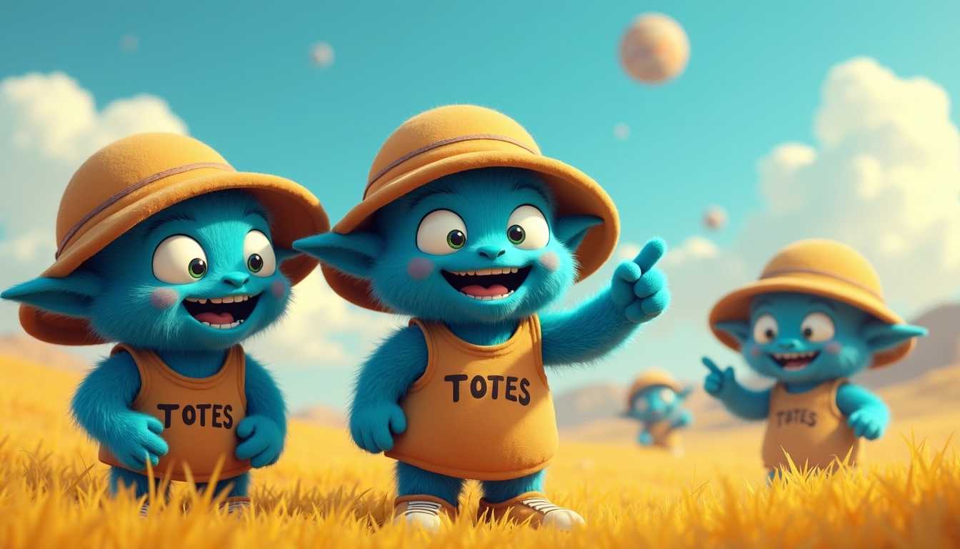 a planet of fuzzy haired blue aliens that wear tan buckethats and baggy shirts that say "TOTES", the planet has yellow grass to counter their blue fuzzy fur, the aliens have wide cartoon eyes and big grins, they are pointing at the viewer