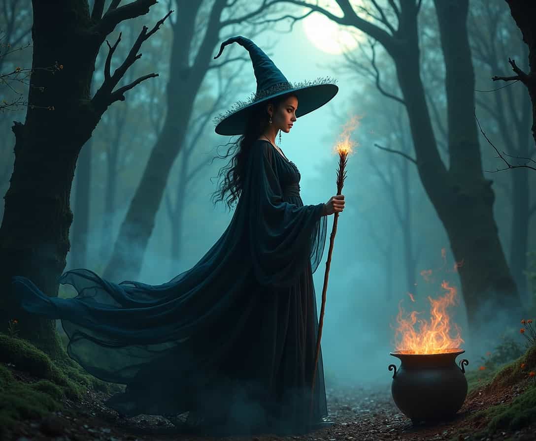 very beautiful,(8k, best quality, masterpiece,  Beautiful female witch, flowing clothing, mystical forest, ancient trees, moonlit, magical spells, glowing amber eyes, swirling mist, enchanted wand, cauldron of brewing potion.  Eerie, unsettling, dark, grotesque, suspenseful,