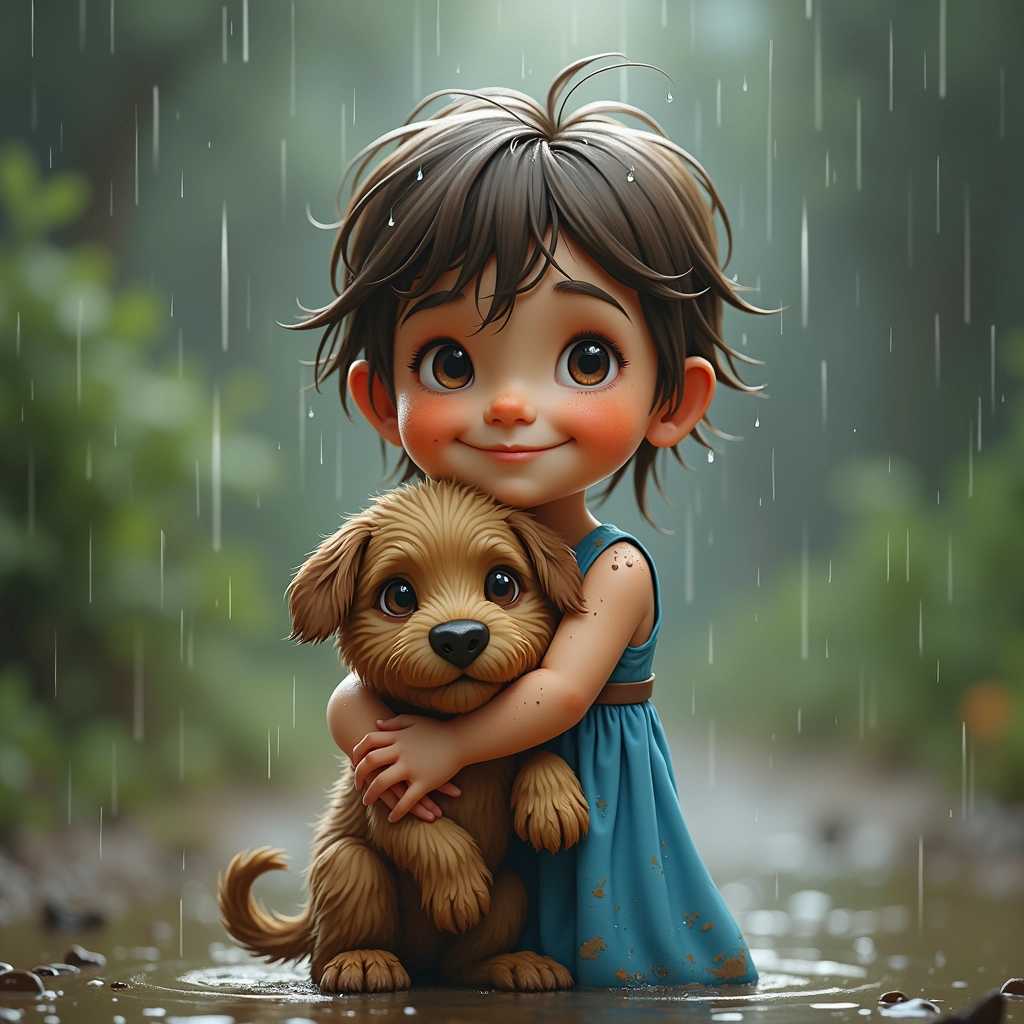 Rainy Day Companion: A Child's Heartwarming Embrace with a Puppy