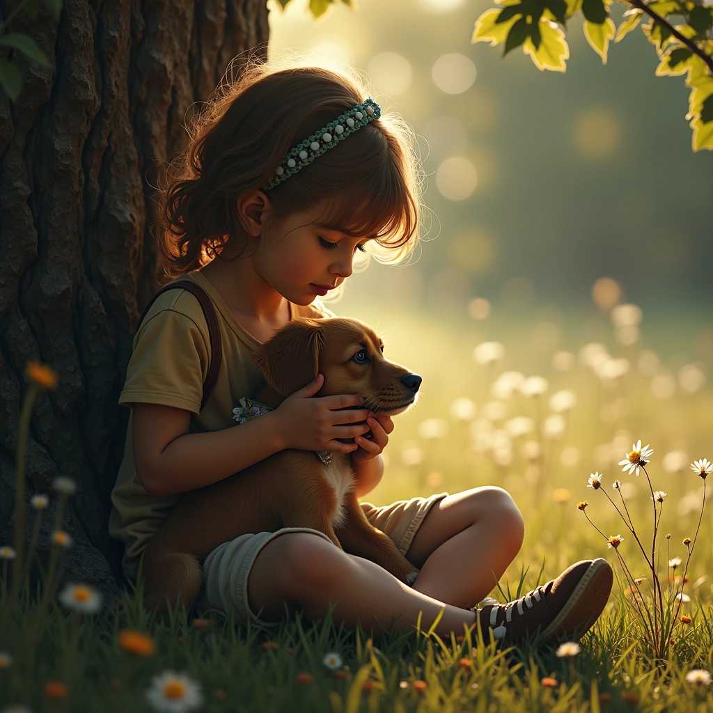 un enfant qui tient un petit chien mort dans les bras, elle pleure, triste d'avoir perdu son chien, elle assise, au bord d'un arbre, une ombre vient montrer cette scène dramatique