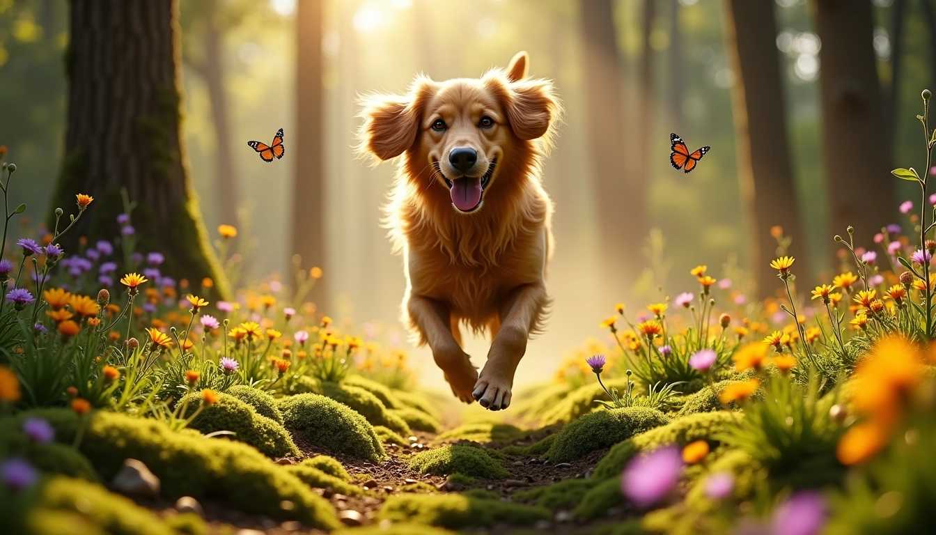 **Prompt:** Illustrate a lively and energetic scene of a dog joyfully running through a lush forest. The dog, a golden retriever, has a shiny, flowing coat, and its ears are flapping in the wind as it bounds over a carpet of vibrant green moss and colorful wildflowers. Sunlight streams through the dense canopy of tall, ancient trees, casting dappled shadows on the forest floor. In the background, hints of soft, blurred foliage create depth, while a few playful butterflies flit around the dog. The atmosphere feels fresh and invigorating, capturing the essence of a carefree day in nature. The mood is joyful and vibrant, highlighting the bond between a happy pet and the beauty of the great outdoors. Render this scene in a realistic yet slightly impressionistic style to emphasize the movement and vitality of the moment.