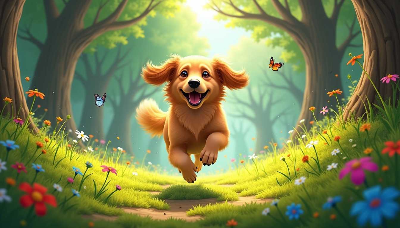 **Prompt:** Illustrate a lively and energetic scene of a dog joyfully running through a lush forest. The dog, a golden retriever, has a shiny, flowing coat, and its ears are flapping in the wind as it bounds over a carpet of vibrant green moss and colorful wildflowers. Sunlight streams through the dense canopy of tall, ancient trees, casting dappled shadows on the forest floor. In the background, hints of soft, blurred foliage create depth, while a few playful butterflies flit around the dog. The atmosphere feels fresh and invigorating, capturing the essence of a carefree day in nature. The mood is joyful and vibrant, highlighting the bond between a happy pet and the beauty of the great outdoors. Render this scene in a realistic yet slightly impressionistic style to emphasize the movement and vitality of the moment.
