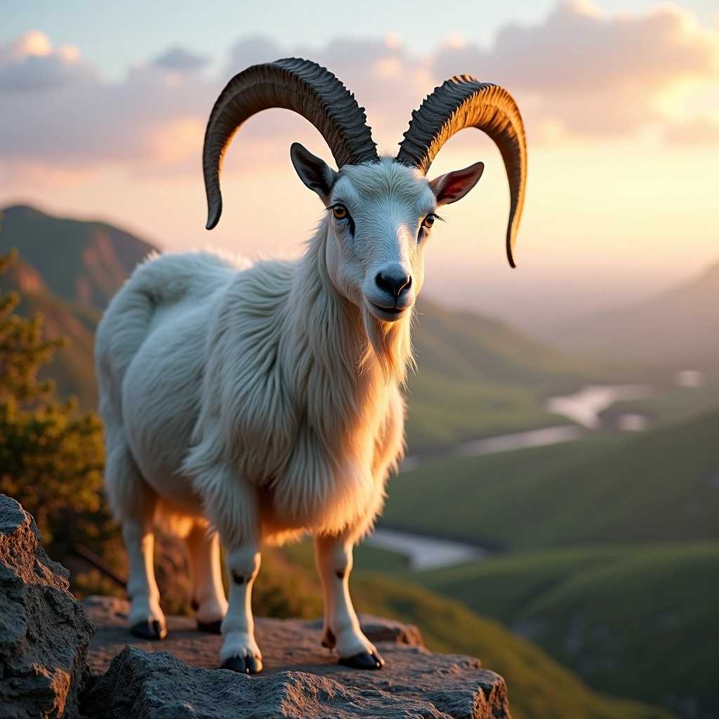 An imposing goat with majestic horns perches atop a rugged cliff.