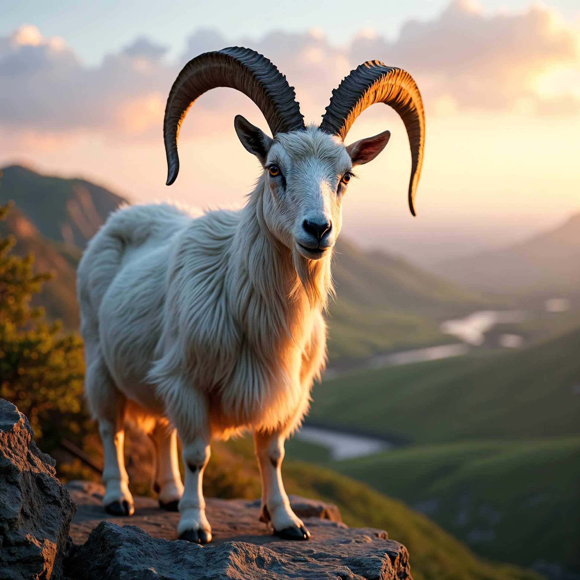 An imposing goat with majestic horns perches atop a rugged cliff.