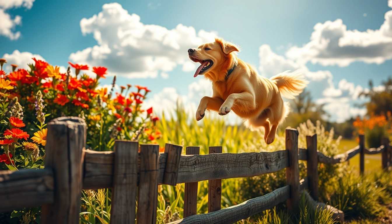 Imagine a dynamic scene capturing a joyful dog mid-leap over a rustic wooden fence. The dog is a playful golden retriever, its fur gleaming in the warm afternoon sunlight, reflecting shades of amber and gold. The background features a sunlit garden filled with vibrant flowers in full bloom—bright reds, yellows, and purples—and lush green grass that contrasts beautifully with the wooden fence.

The moment is frozen in time as the dog’s ears are flapping in the breeze, capturing its exuberance and energy. A slight blur at the fence’s edge conveys the motion of the jump, adding a sense of speed and excitement to the image. The sky is a brilliant azure with fluffy white clouds, accentuating the uplifting and carefree atmosphere of a perfect day outside.

In terms of composition, the fence should be slightly off-center, leading the eye naturally to the soaring dog as the focal point. Soft shadows cast by the fence and the dog create depth, while gentle sunlight adds a warm golden hue to the entire scene.

The overall mood should radiate happiness and freedom, celebrating the simple joy of playtime in nature.