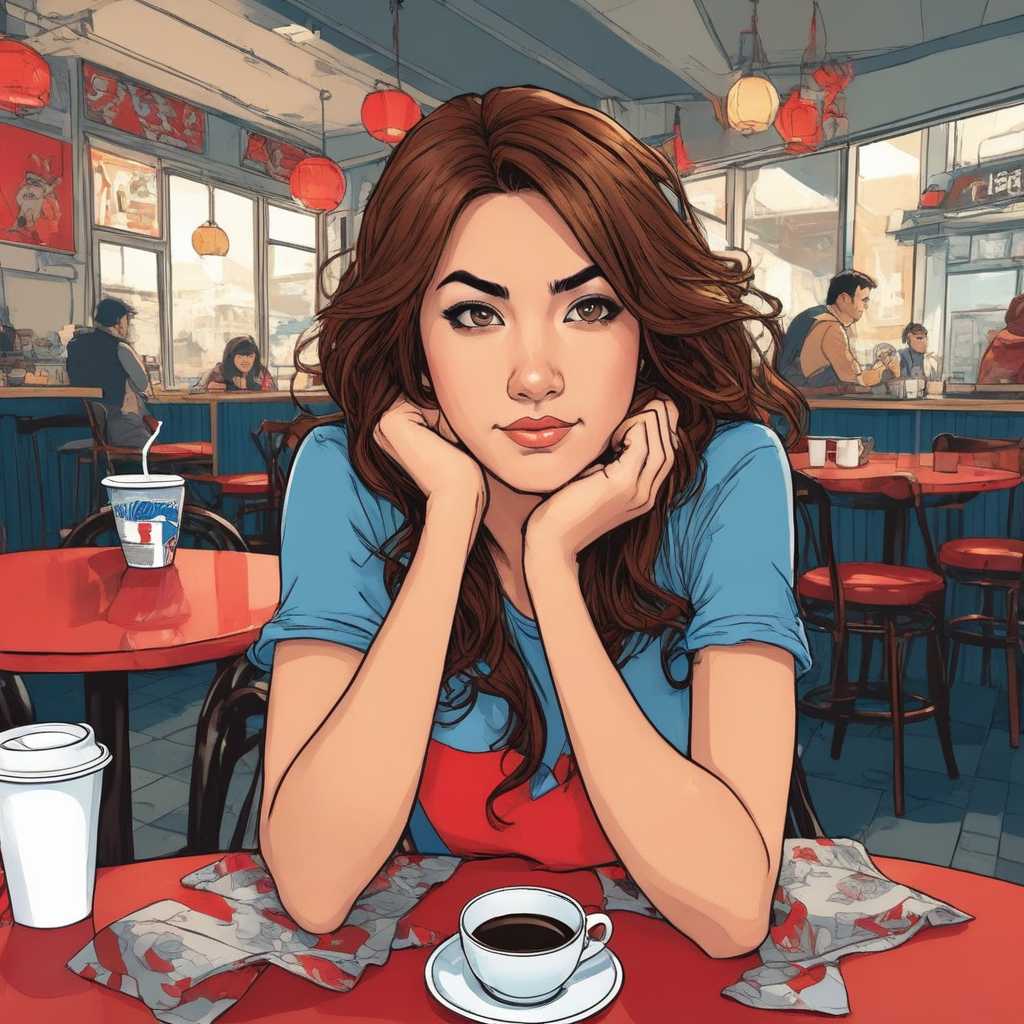 ALEMAP A girl with brown hair is sitting in the cafe holding her head, she looks angry. A coffee cup is on the table in the style of Akira Toriyama. The style is comic book with flat colors and a vector illustration. The color palette includes reds, blues and greys. It is high resolution with high detail, intricate details and sharp focus in the style of studio photography with hard light