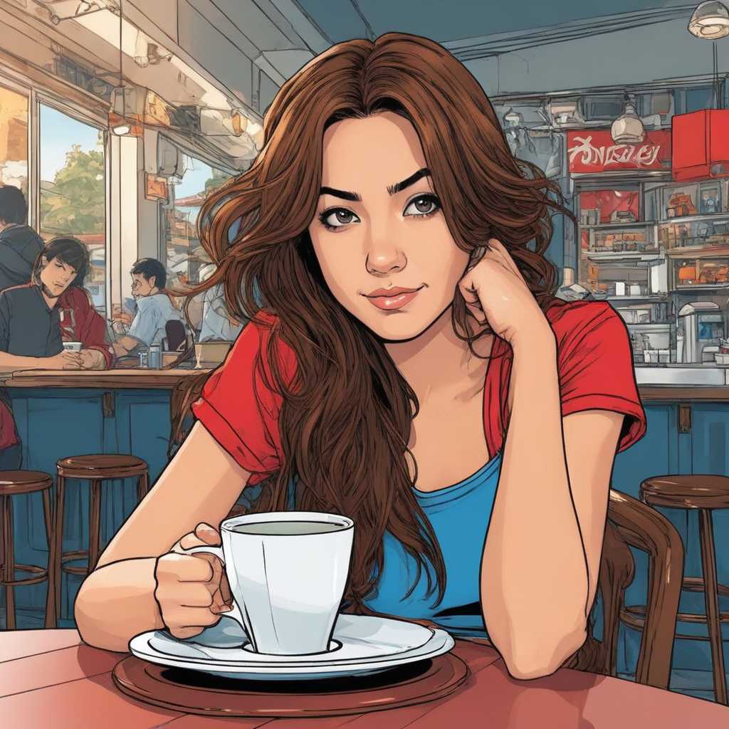 ALEMAP A girl with brown hair is sitting in the cafe holding her head, she looks angry. A coffee cup is on the table in the style of Akira Toriyama. The style is comic book with flat colors and a vector illustration. The color palette includes reds, blues and greys. It is high resolution with high detail, intricate details and sharp focus in the style of studio photography with hard light