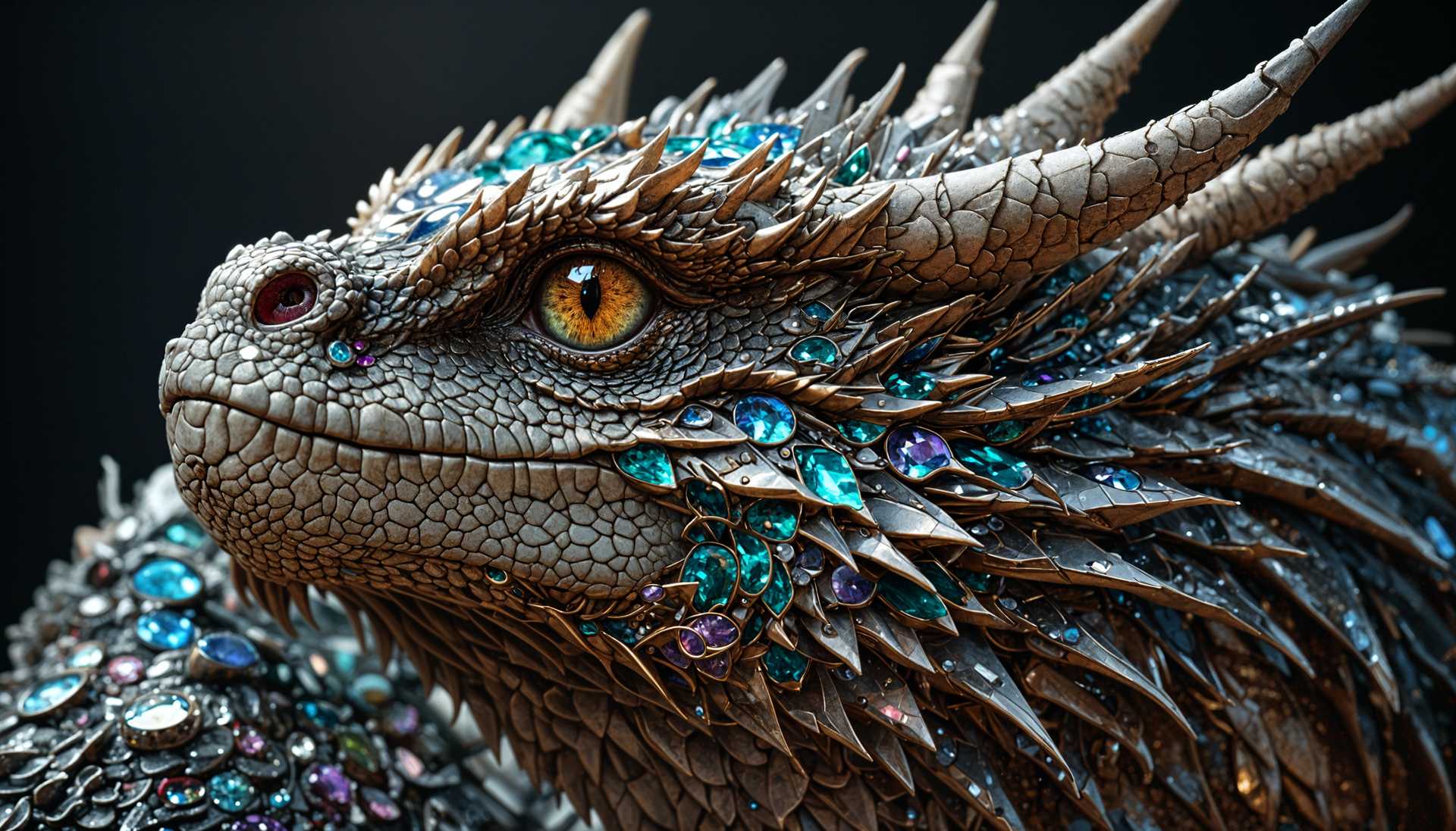 An ornate dragon head with a majestic gaze, intricately adorned with shimmering jewels.