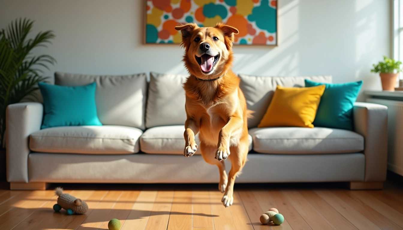 Golden Retriever Dog Joyfully Jumping on a Sunlit Living Room Floor