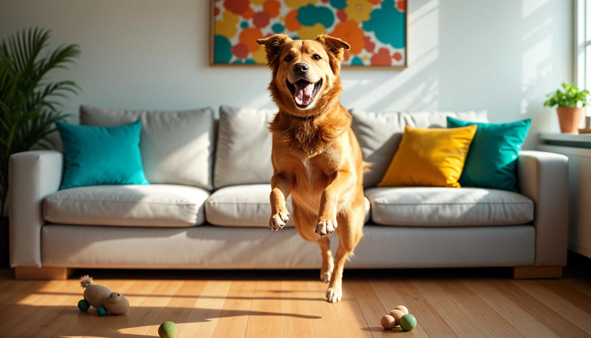 An Energetic Golden Retriever Joyfully Jumps on a Sunlit Living Room Floor