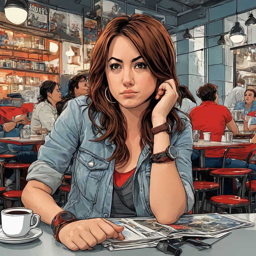 ALEMAP A girl with brown hair is sitting in the cafe holding her head, she looks angry. A coffee cup is on the table in the style of Akira Toriyama. The style is comic book with flat colors and a vector illustration. The color palette includes reds, blues and greys. It is high resolution with high detail, intricate details and sharp focus in the style of studio photography with hard light