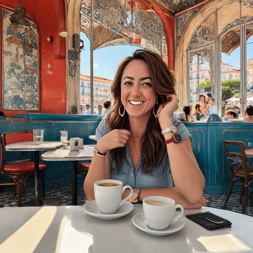 ALEMAP A woman with brown hair is sitting in the cafe holding her head, she looks happy. A coffee cup is on the table in the style of Akira Toriyama. the setting is lisbon portugal,  The style is comic book with flat colors and a vector illustration. The color palette includes reds, blues and greys. It is high resolution with high detail, intricate details and sharp focus in the style of studio photography with hard light, the scene is a cafe in Lisbon