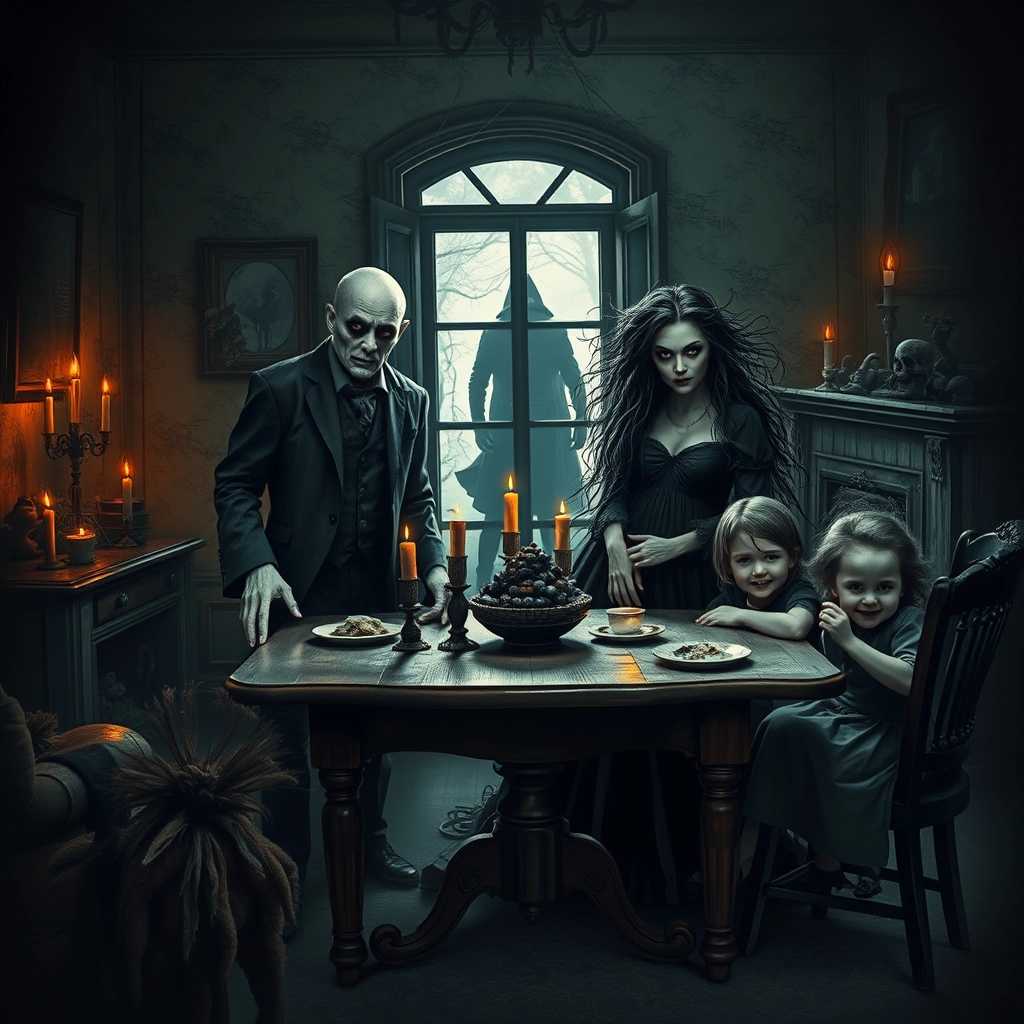 **Prompt:** In a dimly lit, eerie living room, a horror-themed family is gathered around a vintage wooden table. The setting is drenched in shadows, with flickering candlelight casting ominous silhouettes on the peeling wallpaper. The family members include a ghostly father with pale, translucent skin and hollow eyes, dressed in a tattered suit that hints at a bygone era. The mother, draped in a flowing black gown, has long, wild hair that cascades down her back, her face adorned with dark makeup that accentuates her sharp features. Their two children, one resembling a playful spirit with a mischievous grin and the other with hauntingly empty eyes, are dressed in old-fashioned, slightly tattered clothing.

In the background, an old fireplace is filled with smoldering ashes, and cobwebs stretch across the corners of the room. A shadowy figure looms just beyond the window, hinting at an unseen threat outside. The entire scene is enveloped in a chilling atmosphere, enhanced by mist swirling at the floor, and a full moon peering through thick clouds outside, casting ghostly light into the room. The composition balances the central family group with foreboding details that suggest a deeper, lurking menace, invoking a sense of dread and curiosity. The overall color palette consists of muted blacks, greys, and deep blues, creating a melancholic and haunting mood suitable for a chilling horror narrative.