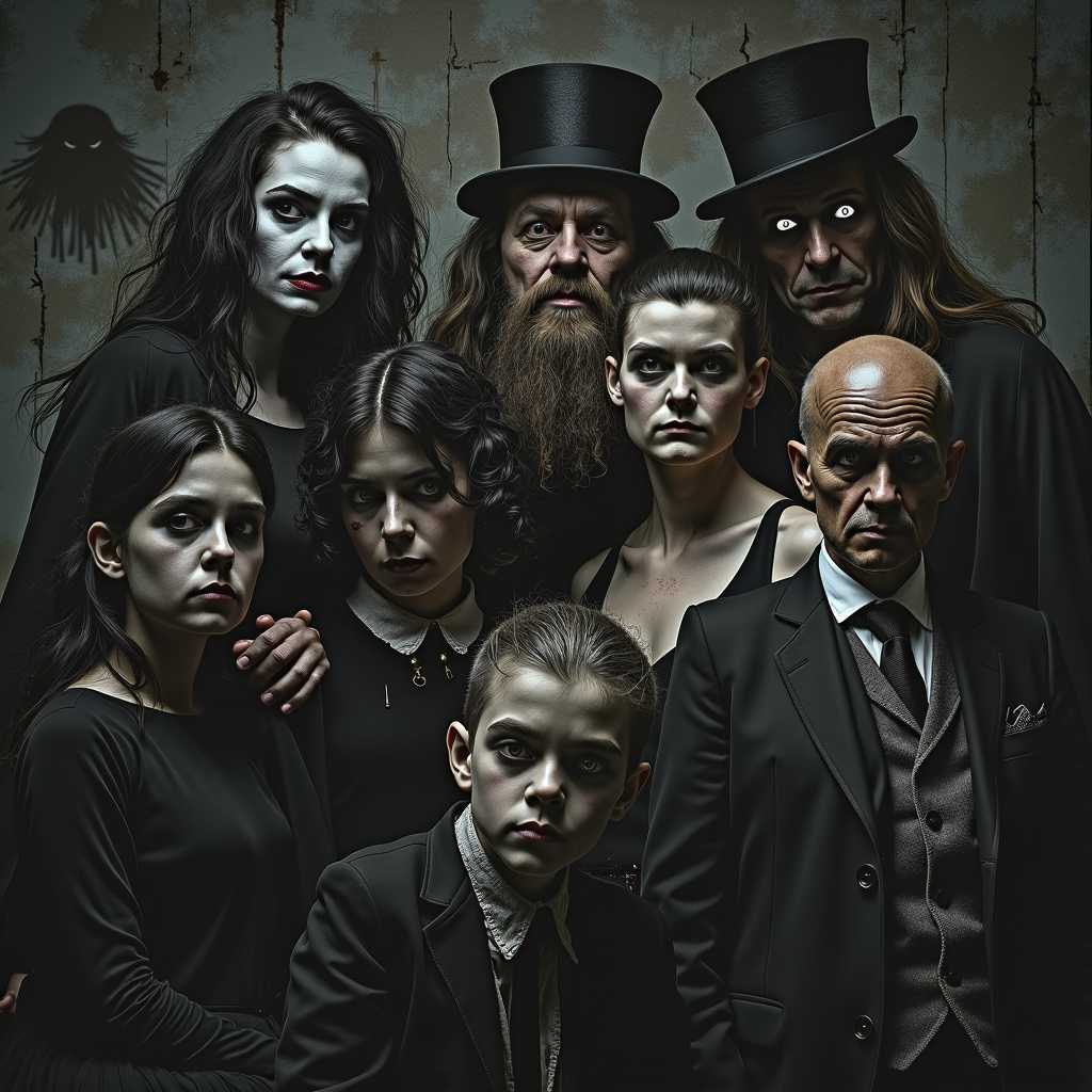   Create Image Dojo AI Image Creator Flux Image To Image Consistent Characters Pose Control Character Stylist  Enhance  Analyze  Train  Experiment Settings Refer & Earn Join our Discord Product Hunt  HORROR FAMILY  **Prompt:** In a dimly lit, eerie living room, a horror-themed family is gathered around a vintage wooden table. The setting is drenched in shadows, with flickering candlelight casting ominous silhouettes on the peeling wallpaper. The family members include a ghostly father with pale, translucent skin and hollow eyes, dressed in a tattered suit that hints at a bygone era. The mother, draped in a flowing black gown, has long, wild hair that cascades down her back, her face adorned with dark makeup that accentuates her sharp features. Their two children, one resembling a playful spirit with a mischievous grin and the other with hauntingly empty eyes, are dressed in old-fashioned, slightly tattered clothing. In the background, an old fireplace is filled with smoldering ashes, and cobwebs stretch across the corners of the room. A shadowy figure looms just beyond the window, hinting at an unseen threat outside. The entire scene is enveloped in a chilling atmosphere, enhanced by mist swirling at the floor, and a full moon peering through thick clouds outside, casting ghostly light into the room. The composition balances the central family group with foreboding details that suggest a deeper, lurking menace, invoking a sense of dread and curiosity. The overall color palette consists of muted blacks, greys, and deep blues, creating a melancholic and haunting mood suitable for a chilling horror narrative.