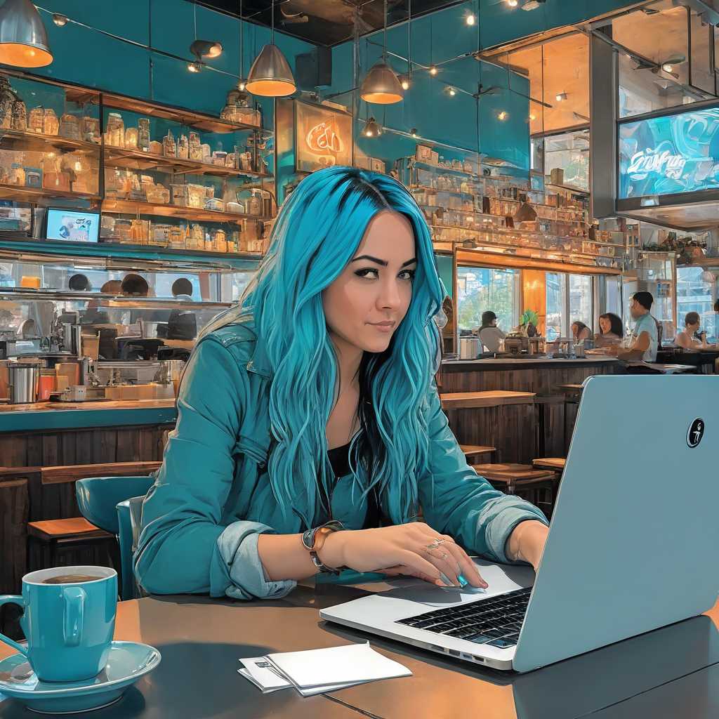 ALEMAP A girl with long blue hair is sitting in a modern cafe, typing on her laptop. She looks focused. A coffee cup with a laptop logo is on the table, illustrated in the style of Akira Toriyama. The style is comic book with flat colors and vector illustration. The color palette includes cool blues, teals, and greys. The image is high resolution with intricate details, sharp focus, and in the style of studio photography with soft daylight, set in a futuristic cafe in San Francisco.