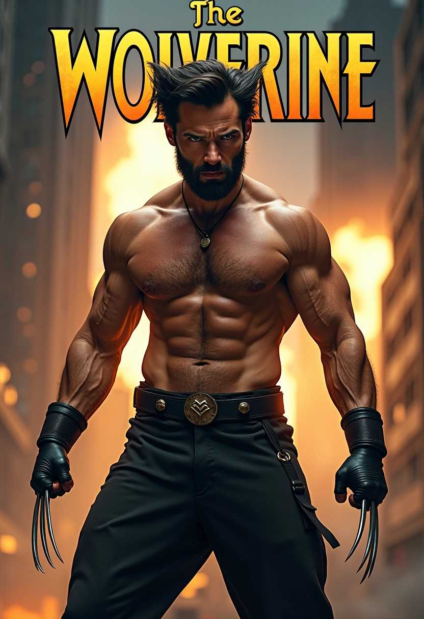 photo of Logan The Wolverine played by Hugh Jackman with his claws out and wearing ninja pants, above his head stylized text "The Wolverine"