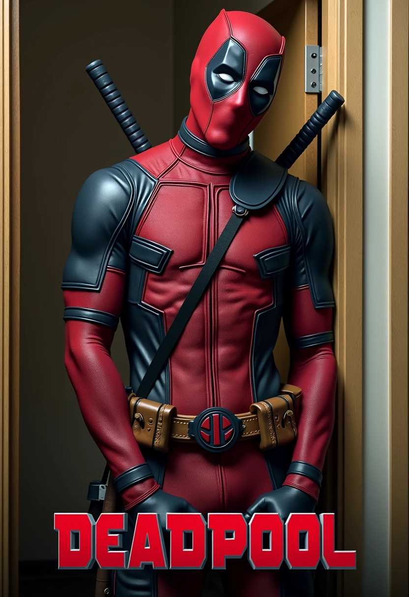 photo of Deadpool played by Ryan Reynolds leaning on a door with a katana in one hand, above stylized text "Deadpool"