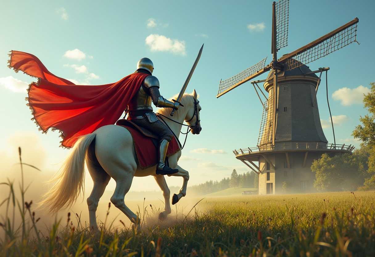 A medieval scene depicting a knight in shining armor, mounted on a powerful steed. The knight faces the mill, clutches a gleaming sword, his cape fluttering dramatically in the wind. He charges across a lush green field towards a towering windmill, with clouds of dust billowing from beneath his horse’s hooves. The sky is clear, and the windmill's sails spin briskly, adding dynamic movement to the vivid and action-packed scene.