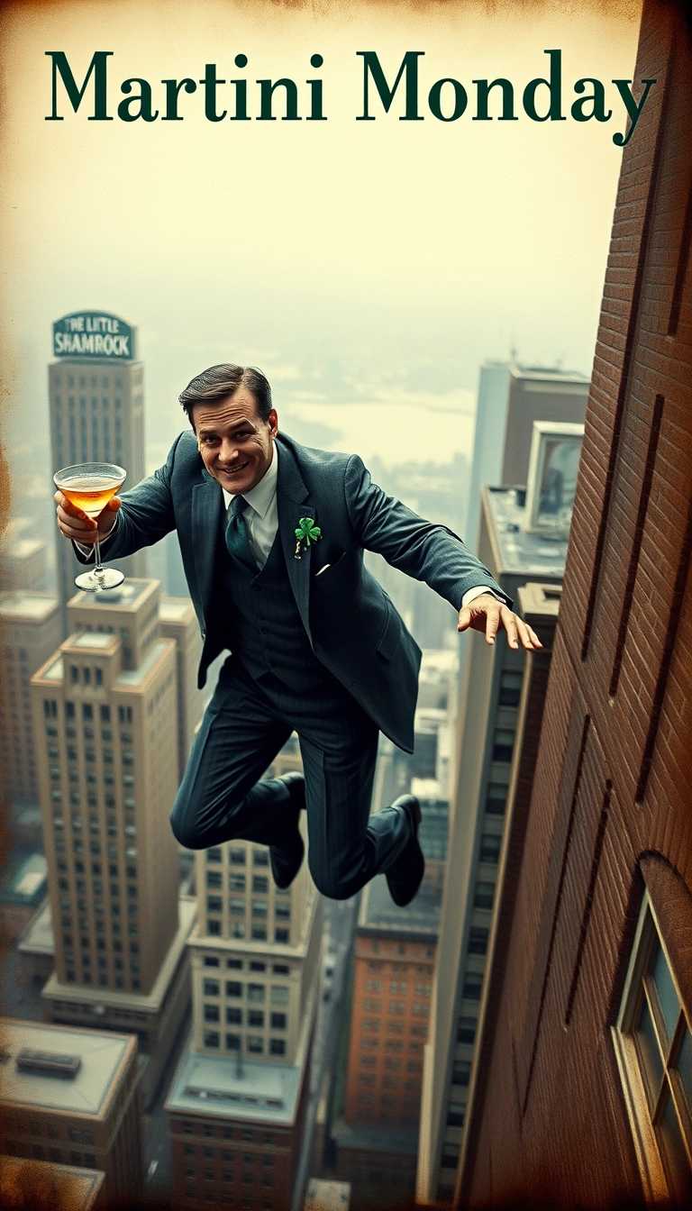 Antiqued 1920's era photograph of a man in suit holding a martini jumping out of a 20th floor window. "Martini Monday" should be at the top in a 1930's word art styler.  Man should have a glib look on his face and have a Shamrock on his lapel.  In the distance a sign reads "The Little Shamrock" on a building.  Viewer has a downward looking perspective.  