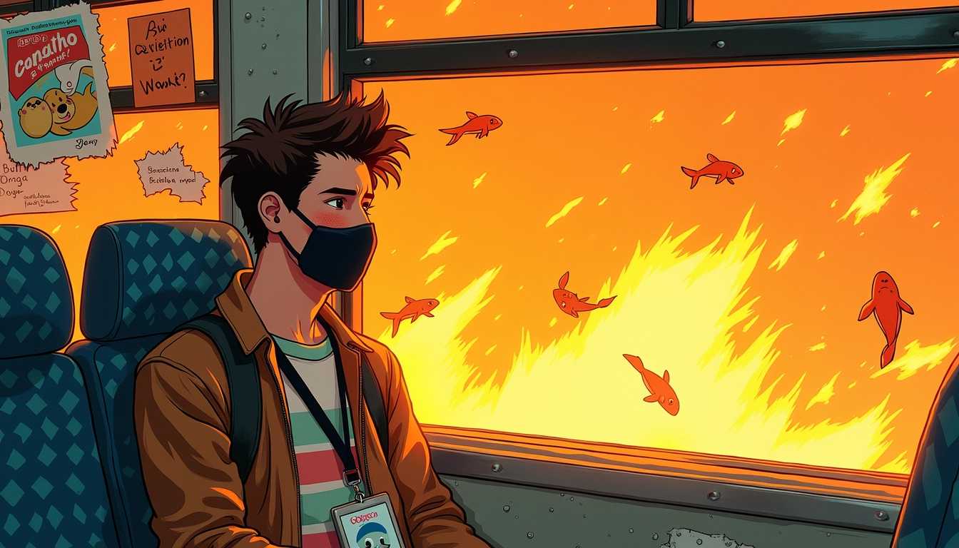 The illustration presents a young man with spiky brown hair, rosy cheeks, and a black face mask, seated on a bus bathed in warm, golden light that streams through the windows. He wears a brown jacket over a striped sweater, a lanyard with an ID card around his neck, and a blue pin with a cartoon animal on his bag. The man's gaze is directed out the window, lost in contemplation, as if mesmerized by the surreal sight of luminous, almost incandescent, goldfish swimming through the fiery orange expanse beyond the glass. This fantastical element introduces a touch of magical realism to the scene, reminiscent of the work of artists like Shaun Tan or Gabriel García Márquez, where the ordinary intersects with the extraordinary. Inside the bus, the worn, patterned fabric of the seats and the graffiti-covered walls suggest frequent use and the passage of countless journeys. Stickers, scribbles, and torn posters adorn the surfaces, including an advertisement for "Cafe" and "Bolinhos," a meme-like poster featuring the Doge dog and "Dogecoin," and a small orange note with the phrase "But I'm Weak" scrawled across it. These details add a sense of lived-in authenticity and urban grit to the image. The artist's loose brushstrokes and vibrant color palette, particularly the contrast between the warm oranges and cool blues, contribute to the overall dreamlike yet grounded atmosphere, suggesting a moment of quiet introspection amidst the everyday bustle of city life.