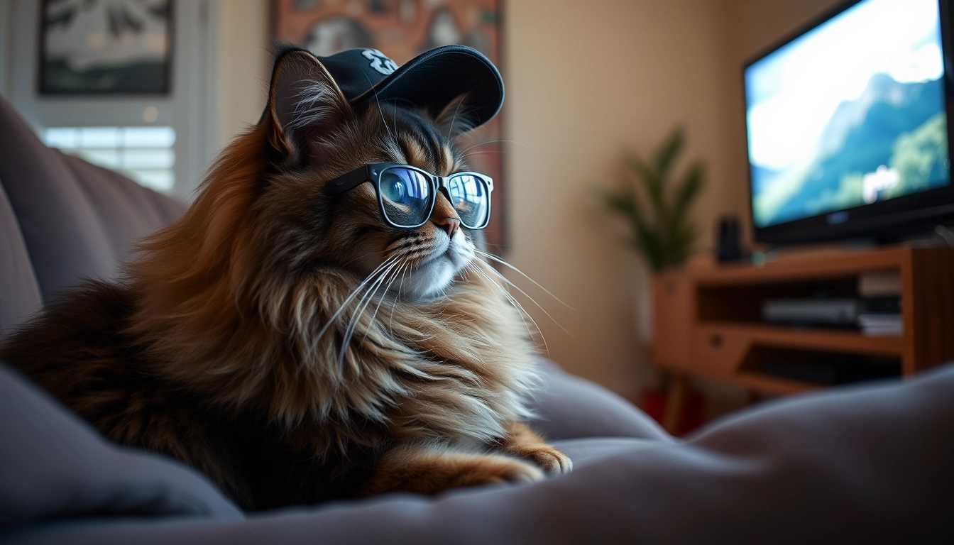 scenery, Siberian cat with dark brown fur, sitting on a sofa with glasses wearing a baseball cap, watching tv. looking at tv set
