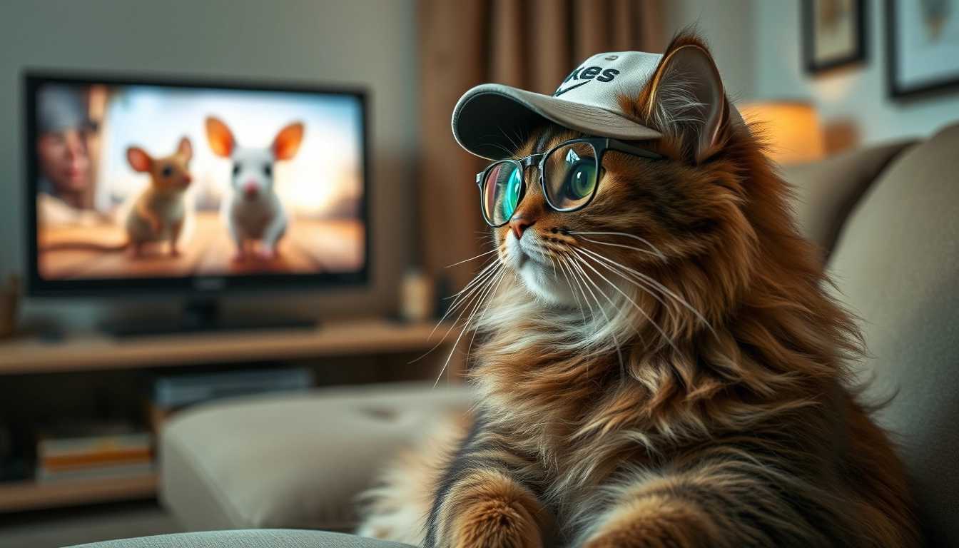 scenery, Siberian cat with dark brown fur, sitting on a sofa with glasses wearing a baseball cap, watching a mouse movie on tv. looking at tv set