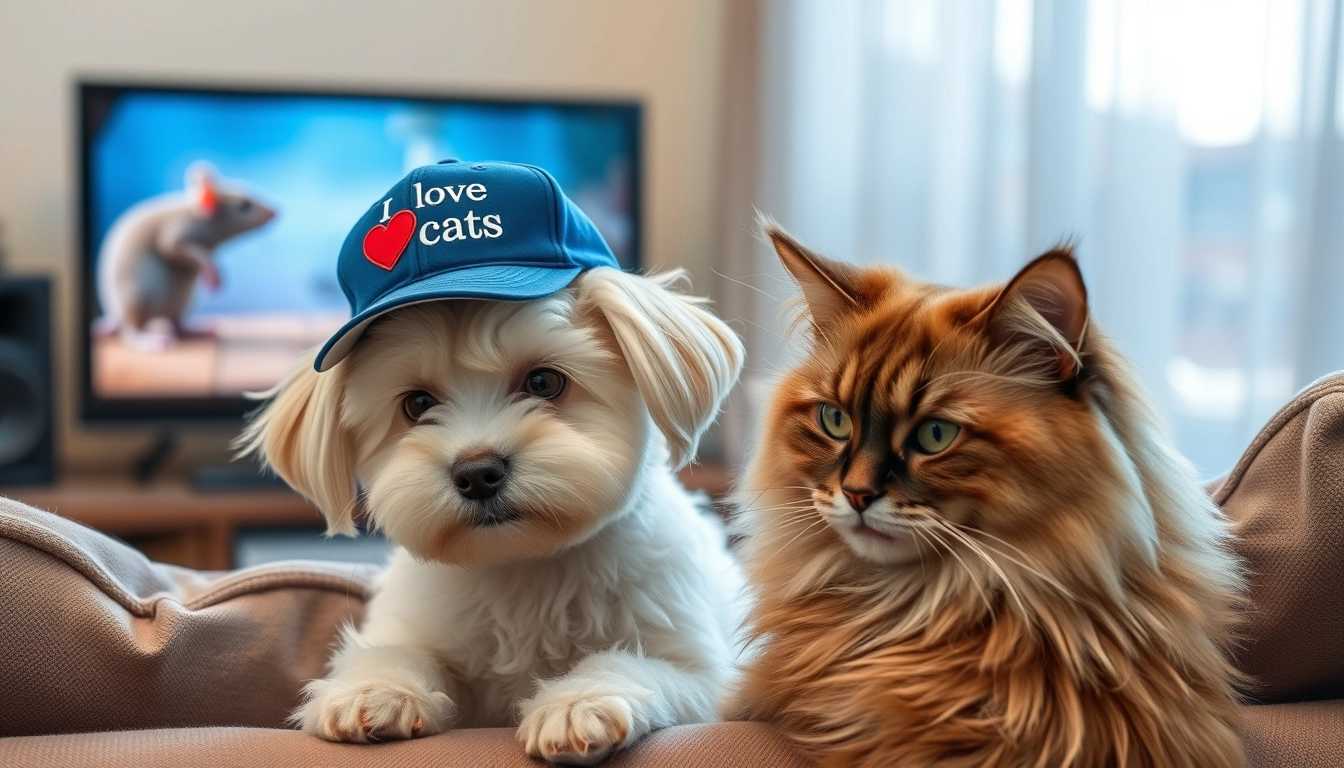 scenery, a little white dog and a Siberian cat with dark brown fur, sitting on a sofa both wearing a baseball cap, watching a mouse movie on tv. looking at tv set, on the cap is the text "I love cats"