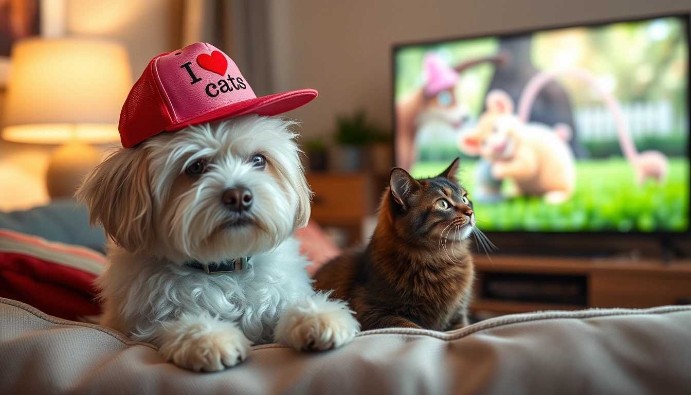 I Love Cats Hat on Dog as Companion Watches Cartoon with Cat on TV